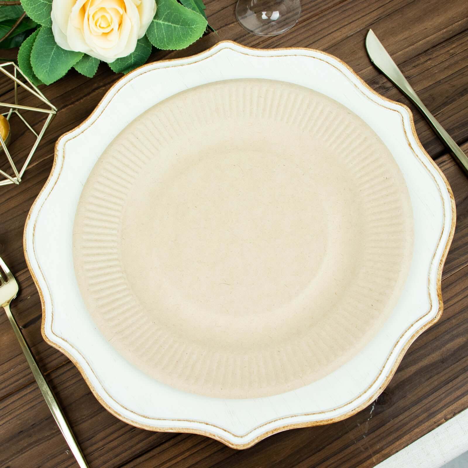 50-Pack Natural Ribbed Rim Round Dinner Plates Made of Bagasse - Eco-Friendly Sugarcane Party Plates