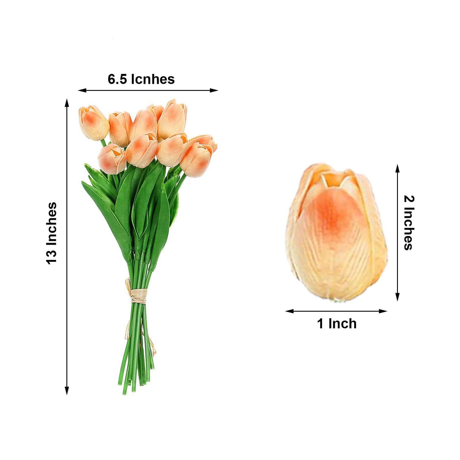13-Inch Peach Real Touch Artificial Foam Tulip Flower Bouquets - 10 Stems for Various Decorations