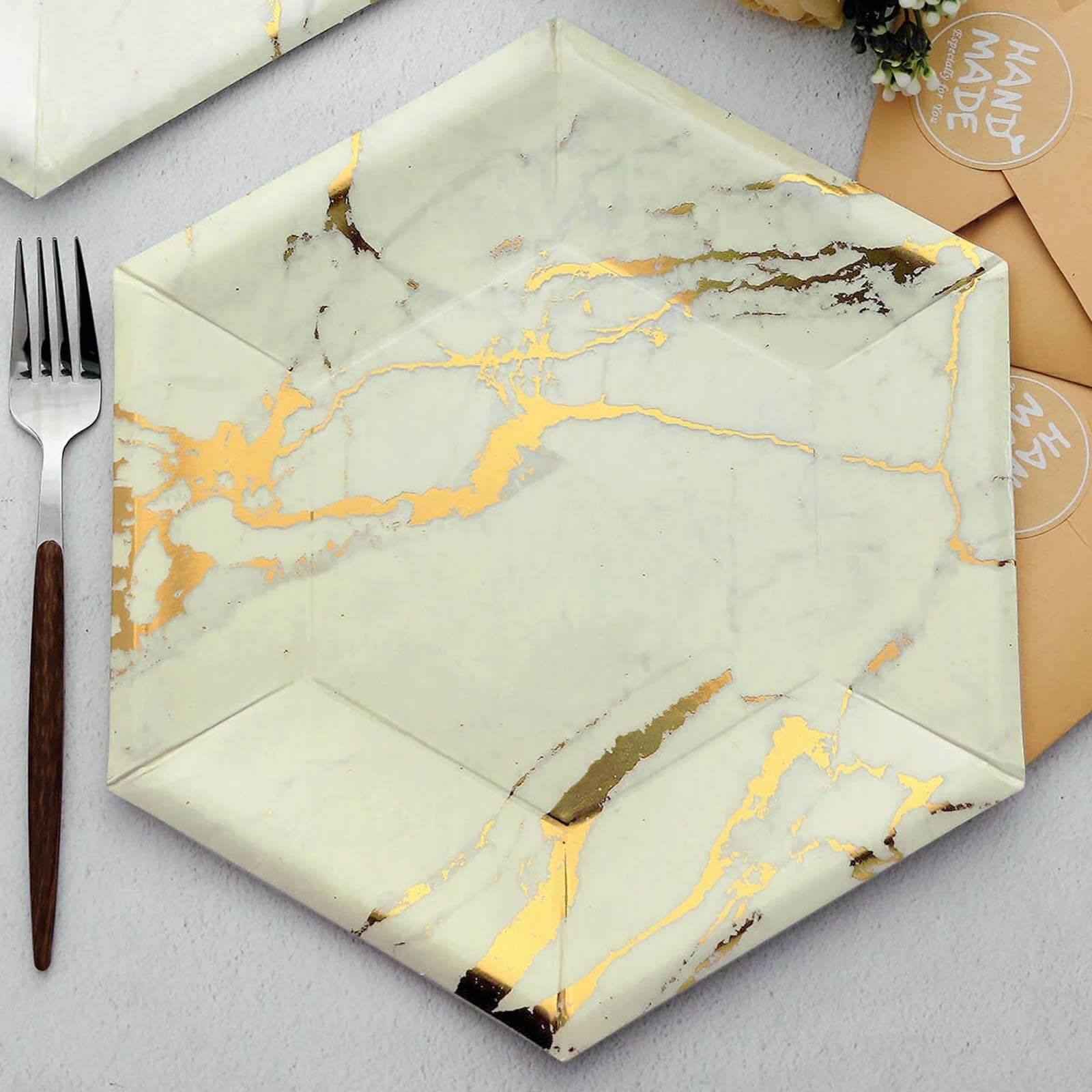 25-Pack Ivory Marble Disposable Dinner Paper Plates, 12-Inch Hexagon with Gold Foil Design - Great Value!