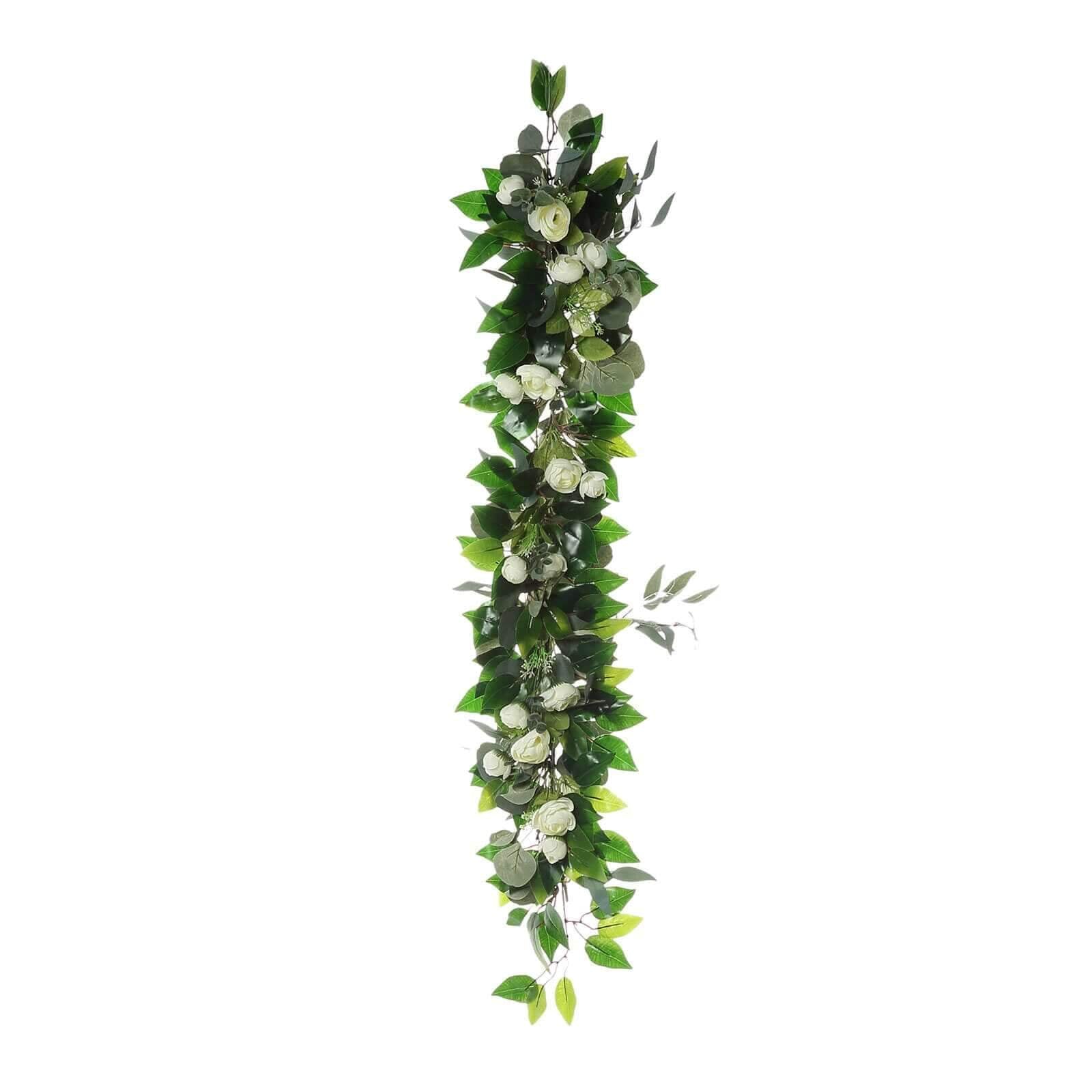 40-Foot Artificial Silk Cream Ranunculus and Eucalyptus Willow Leaf Garland - Ideal Decor