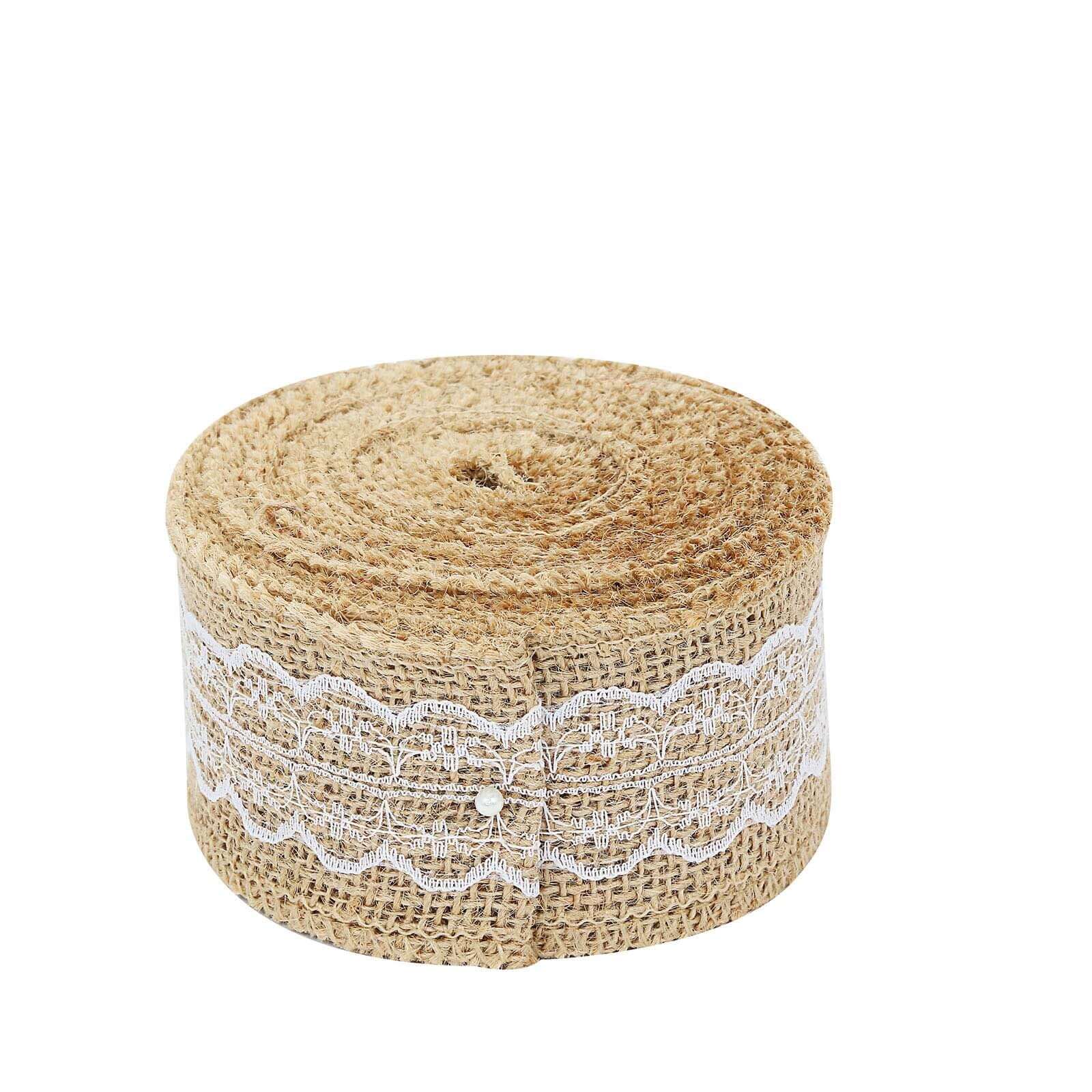 Pair of 16FT Natural Jute Burlap Ribbons with Wavy Lace Trim