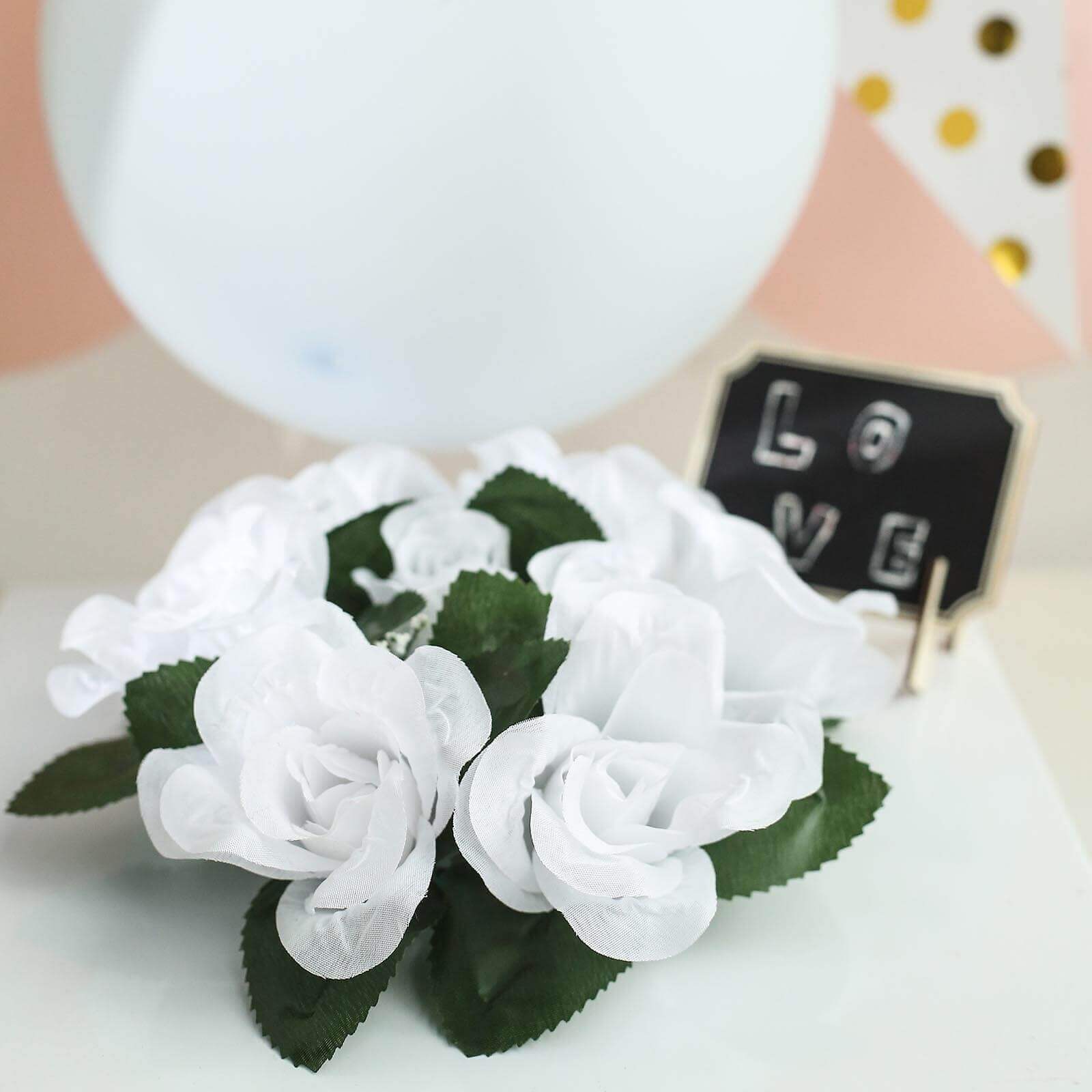 Set of 4 Artificial White Silk Rose and Baby's Breath Candle Ring Wreaths