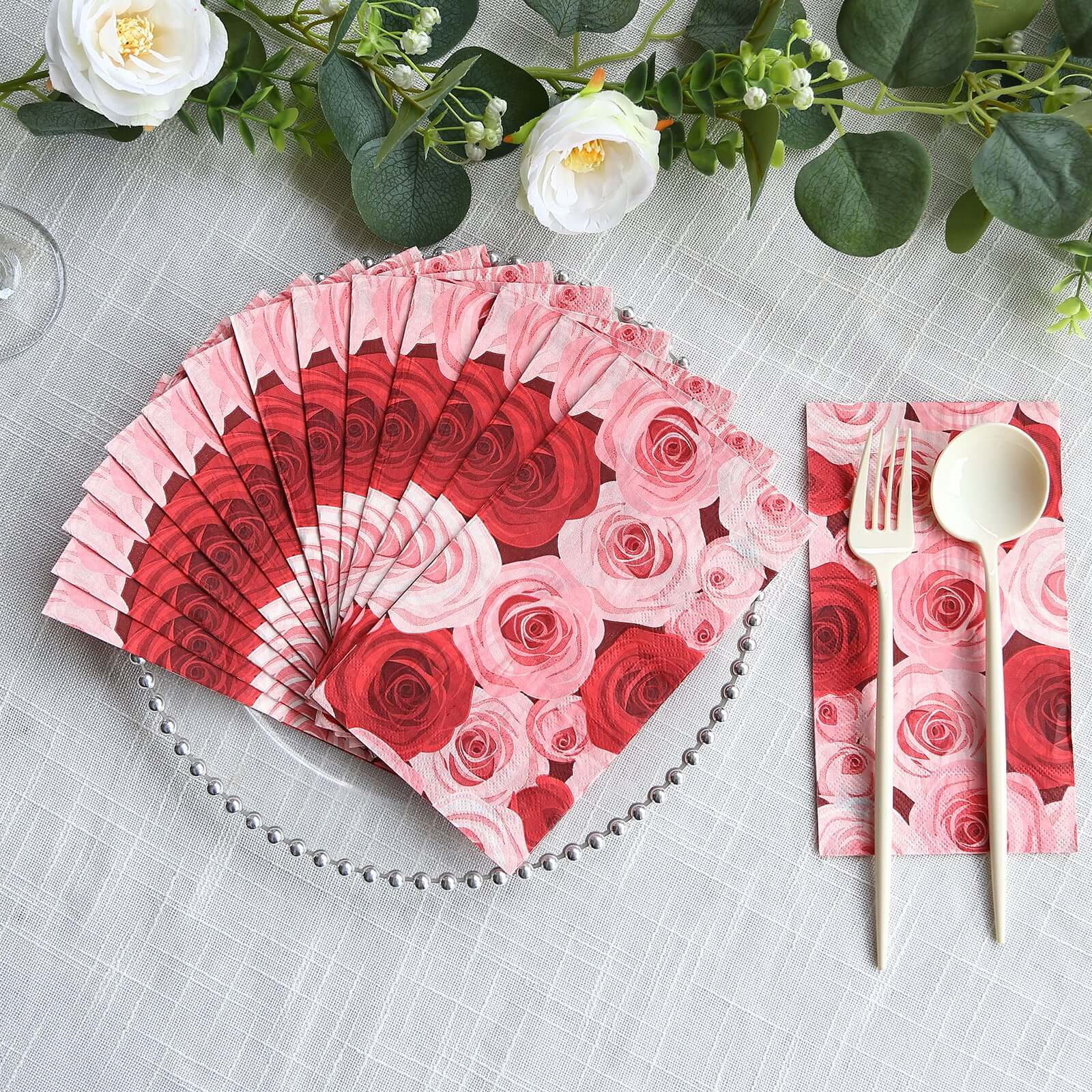 50-Pack 2-Ply Red/Pink Rose Floral Printed Paper Dinner Napkins - Stylish for Events