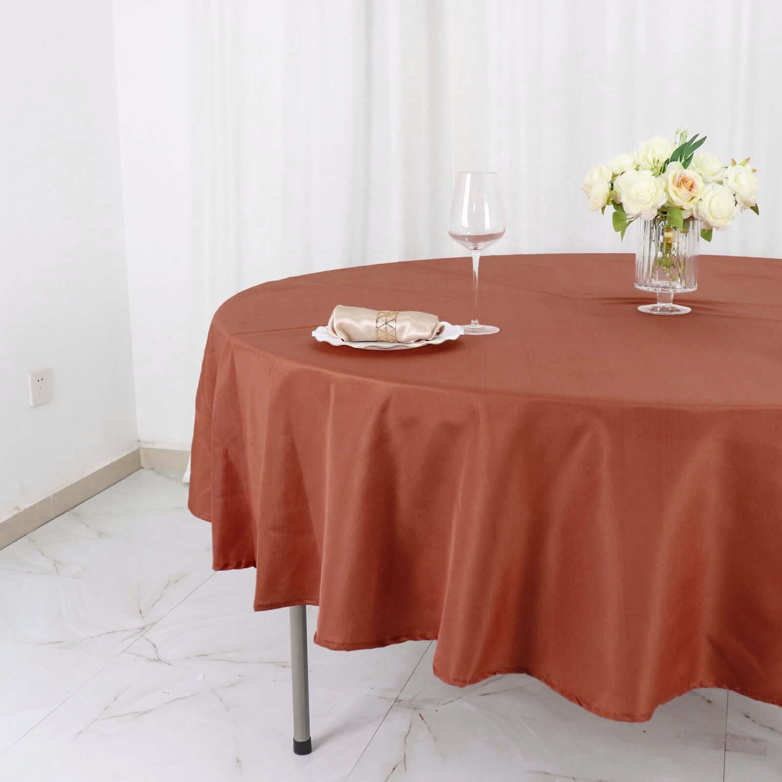 Hot! 90' Round Terracotta Polyester Tablecloth - Stain & Wrinkle Free