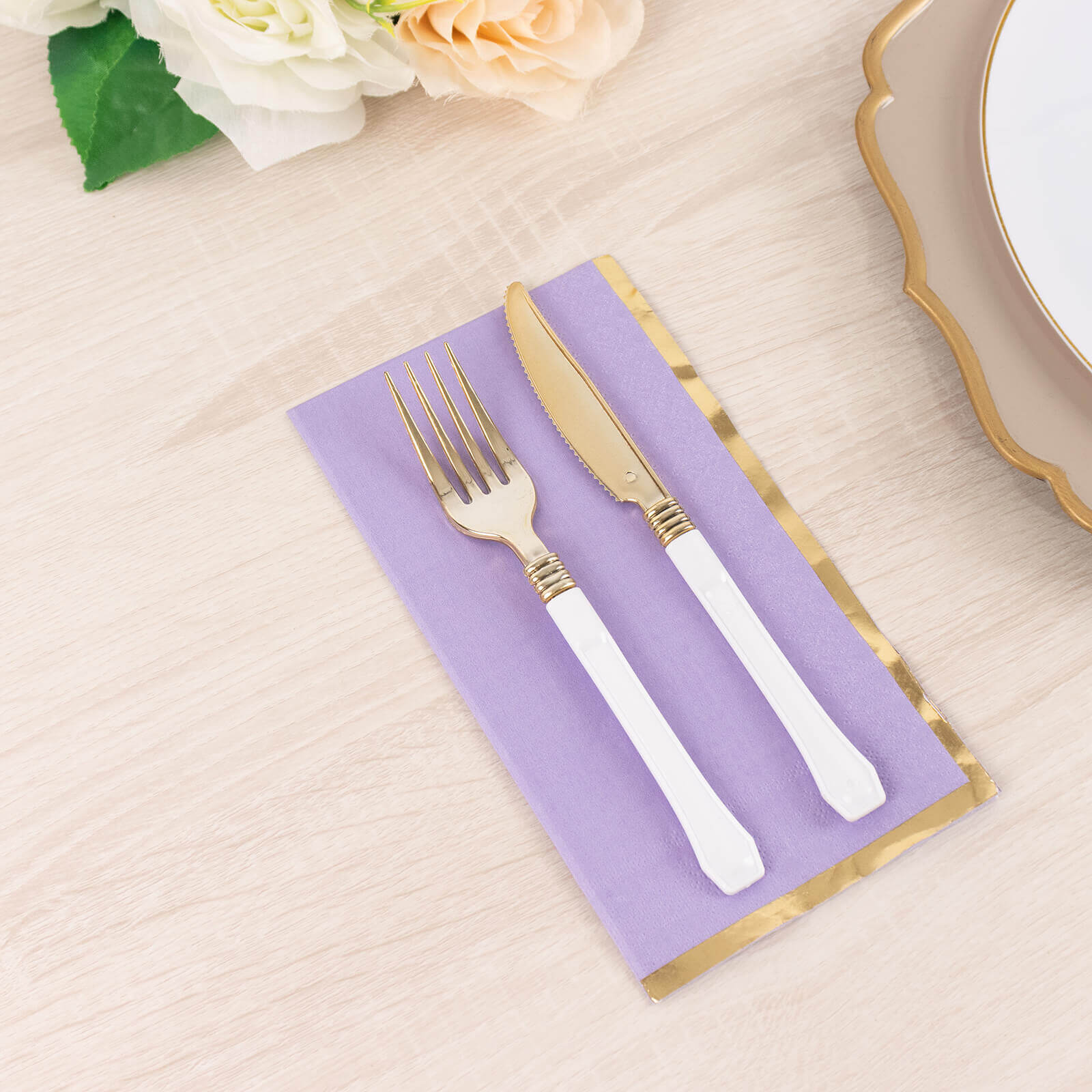 Get 50-Pack Stylish 2-Ply Disposable Paper Dinner Napkins in Lavender with Gold Foil Edge