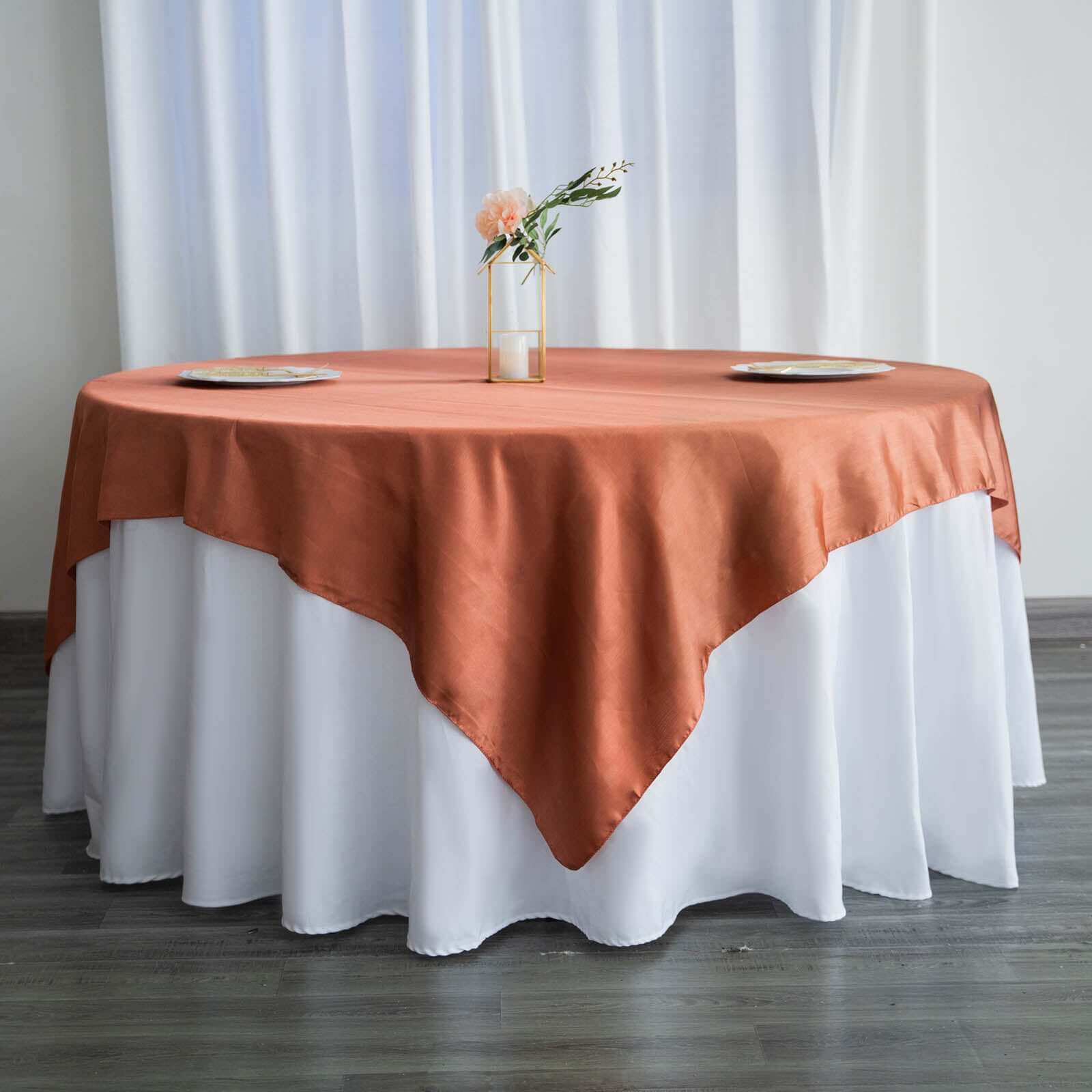 Hot! 72x72 Satin Square Table Overlay in Terracotta (Rust) - Smooth Finish