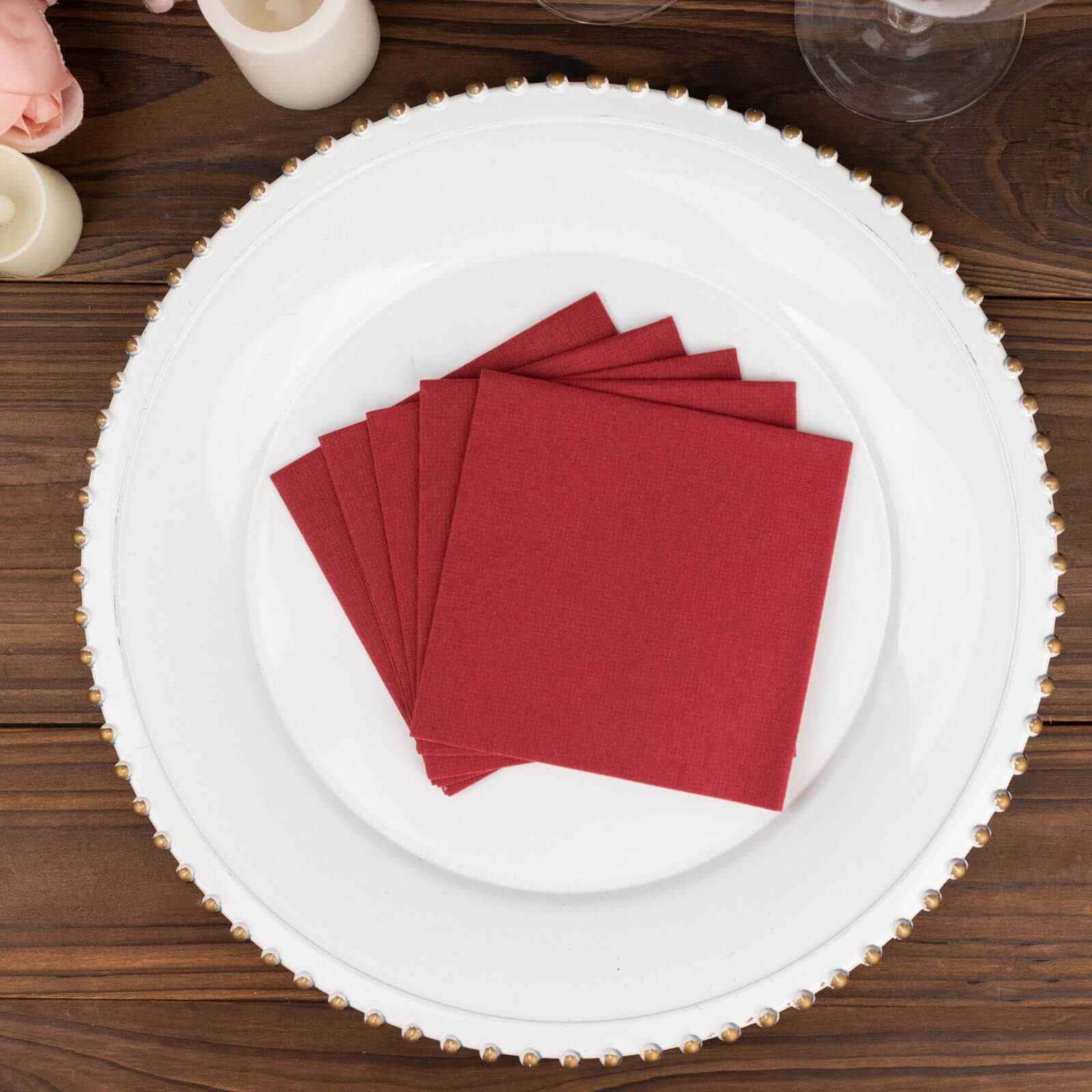 20-Pack Highly Absorbent Burgundy 5x5 Linen-Like Airlaid Napkins - Ideal for Events