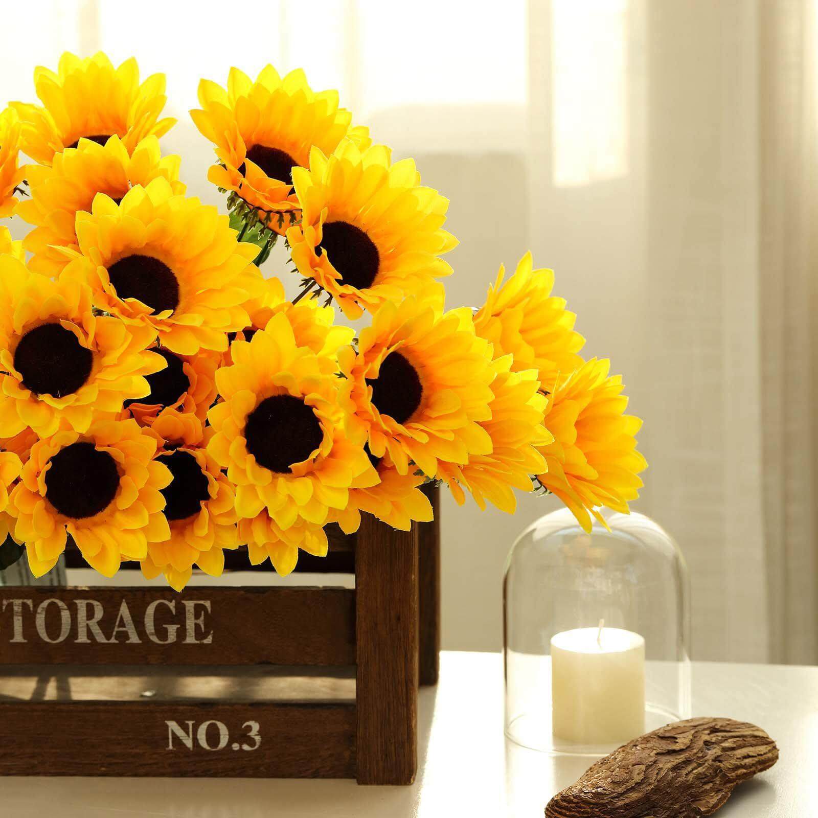 70 Yellow Artificial Silk Sunflowers in 5 Bushes for Vase Decoration