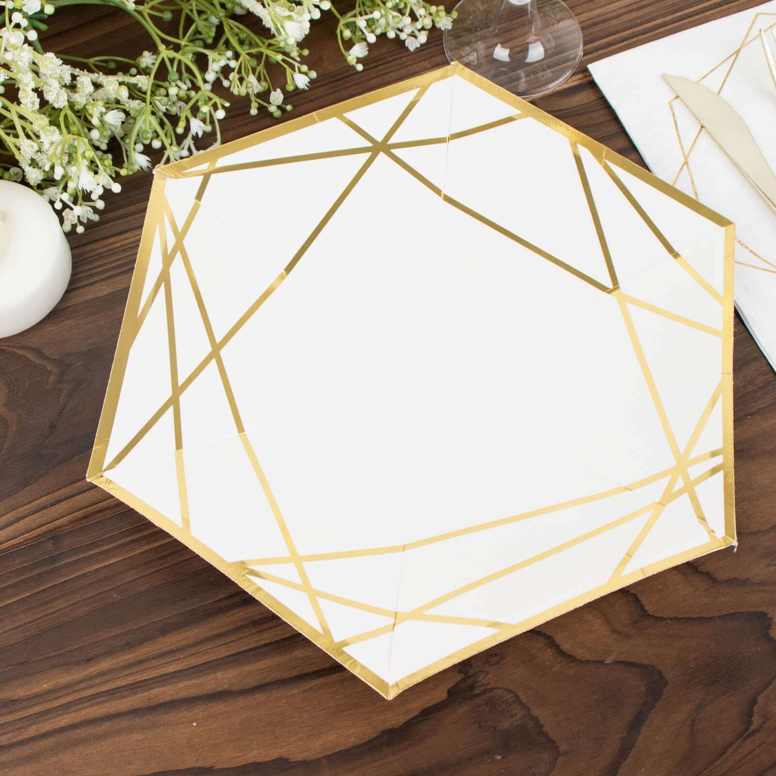 25-Pack White Paper Hexagon Dinner Plates with Gold Geometric Design - Great Value!