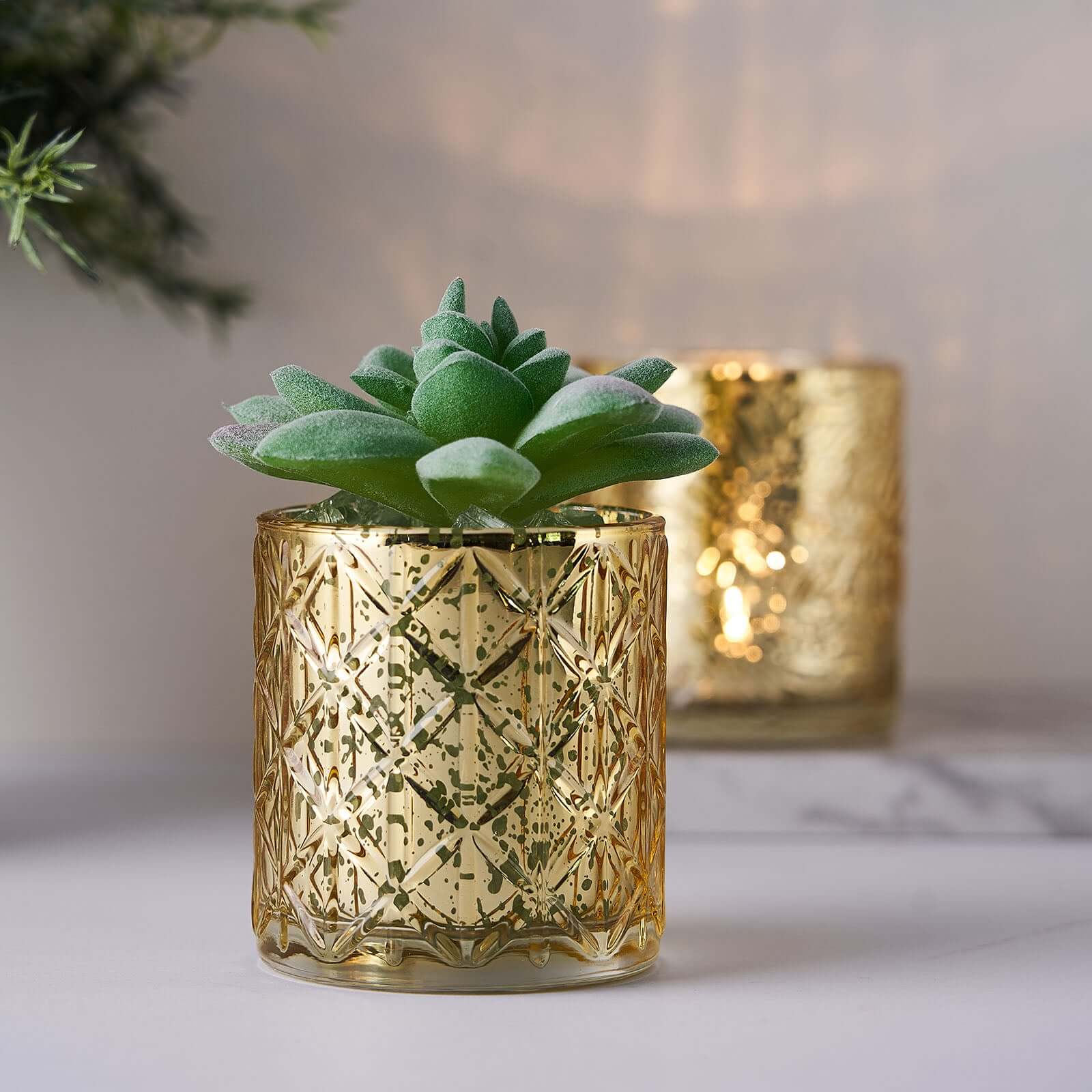 Hot Sale! 6-Piece Set of Shiny Gold Mercury Glass Votive Tealight Holders with Geometric Design