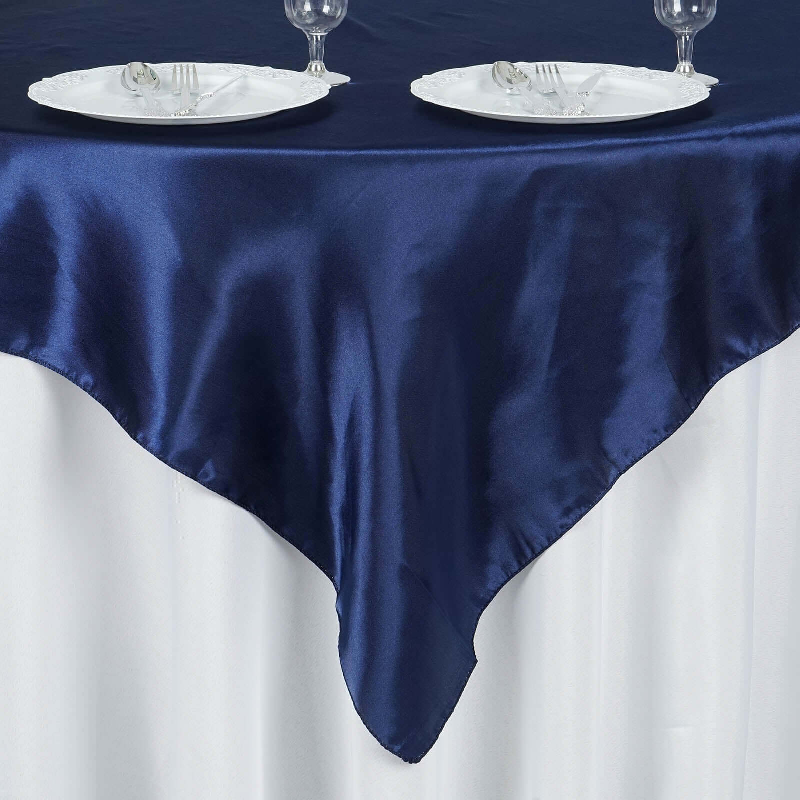 Navy Blue Satin 60x60 Square Table Overlay - Soft Silky Touch, Great for Decor