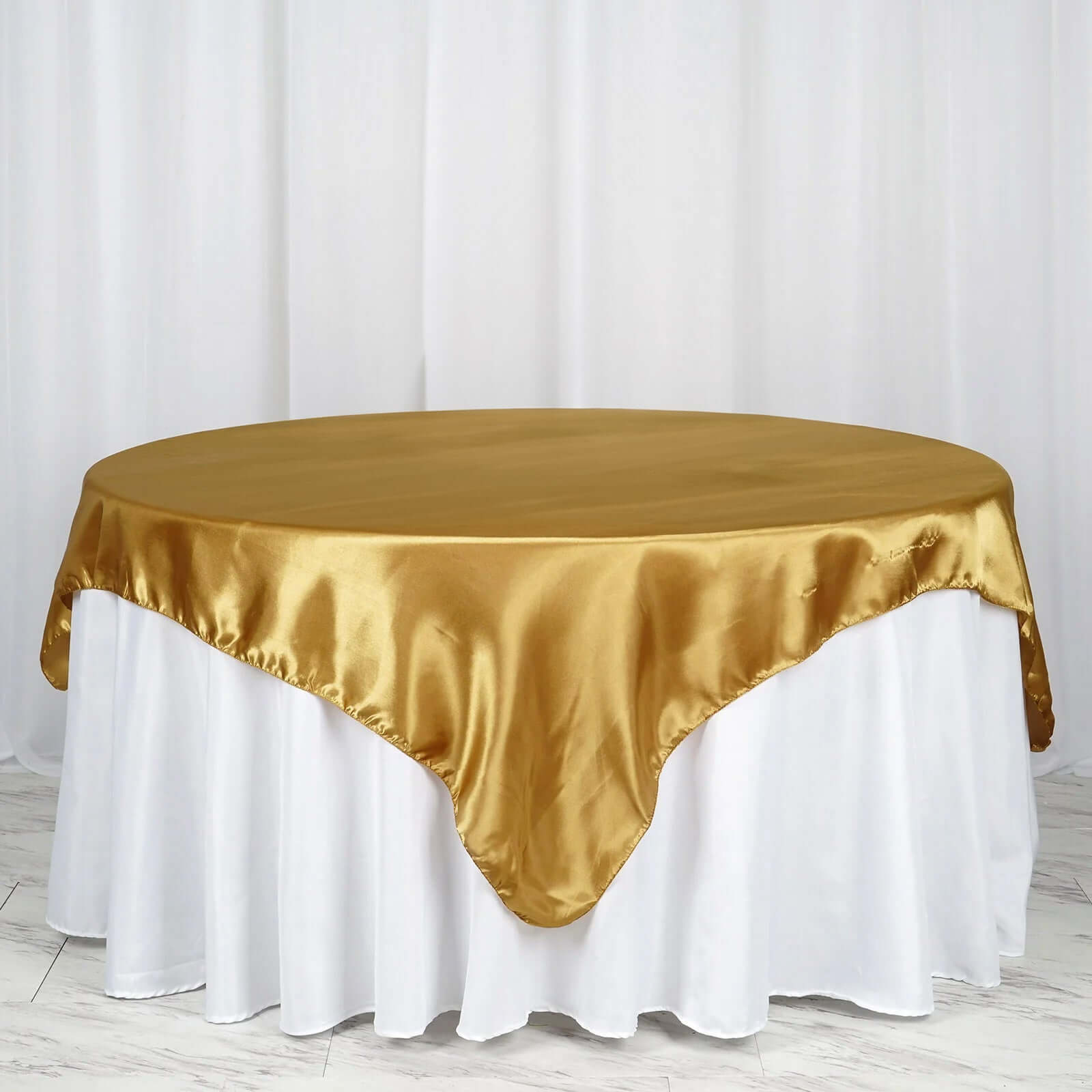Luxurious Gold Satin 72x72 Square Table Overlay with Smooth Finish for Special Events