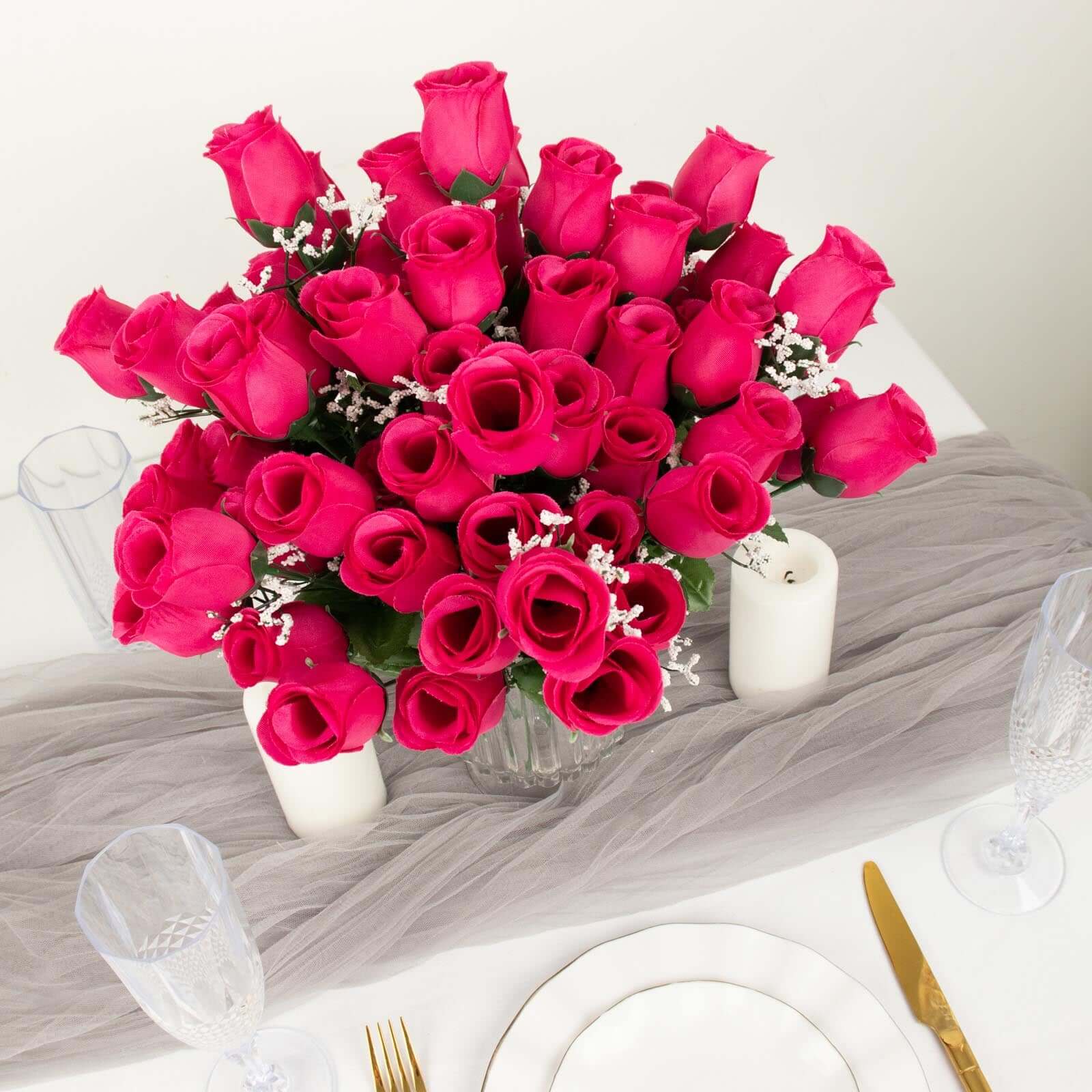 Premium Artificial Silk Fuchsia Rose Bud Bouquets - Set of 12 Bushes for Decor