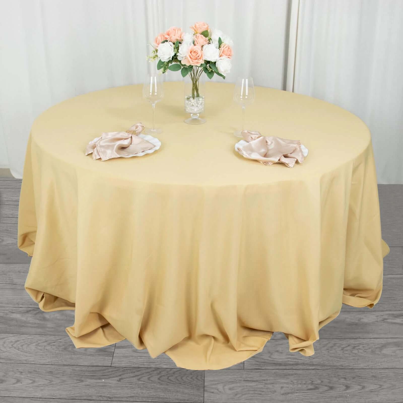 Champagne 132' Seamless Premium Polyester Round Tablecloth - 220GSM Wrinkle-Resistant