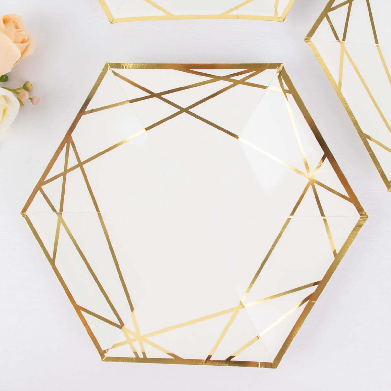 25-Pack White Paper Hexagon Dinner Plates with Gold Geometric Design - Great Value!