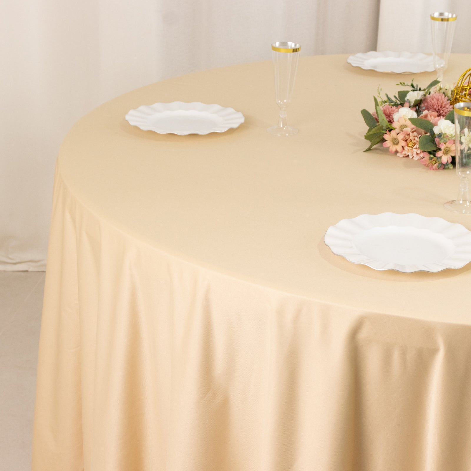 Hot! Premium Beige 108' Scuba Round Wrinkle & Stain-Free Tablecloth