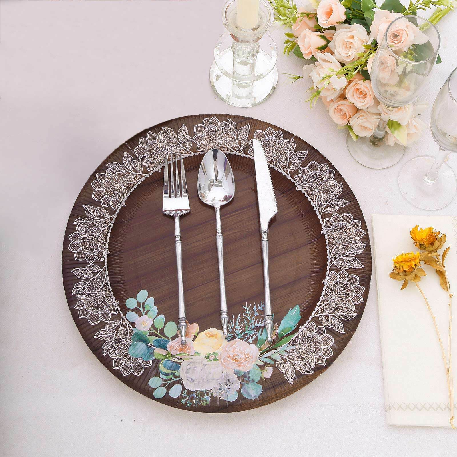 25-Piece Disposable 8-Inch Round Brown Wood Print Dessert Plates with Floral Lace Rim for Rustic Events