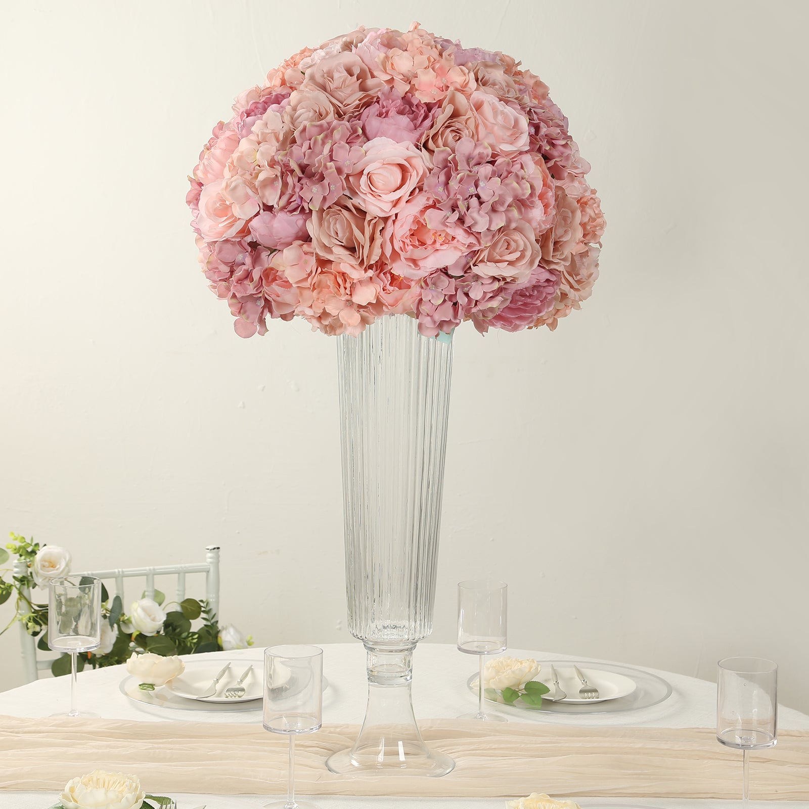 Pre-Arranged Silk Rose Bouquet Floral Arrangement Table Decor, Large Blush Artificial Rose Flower Balls Wedding Centerpieces - 20