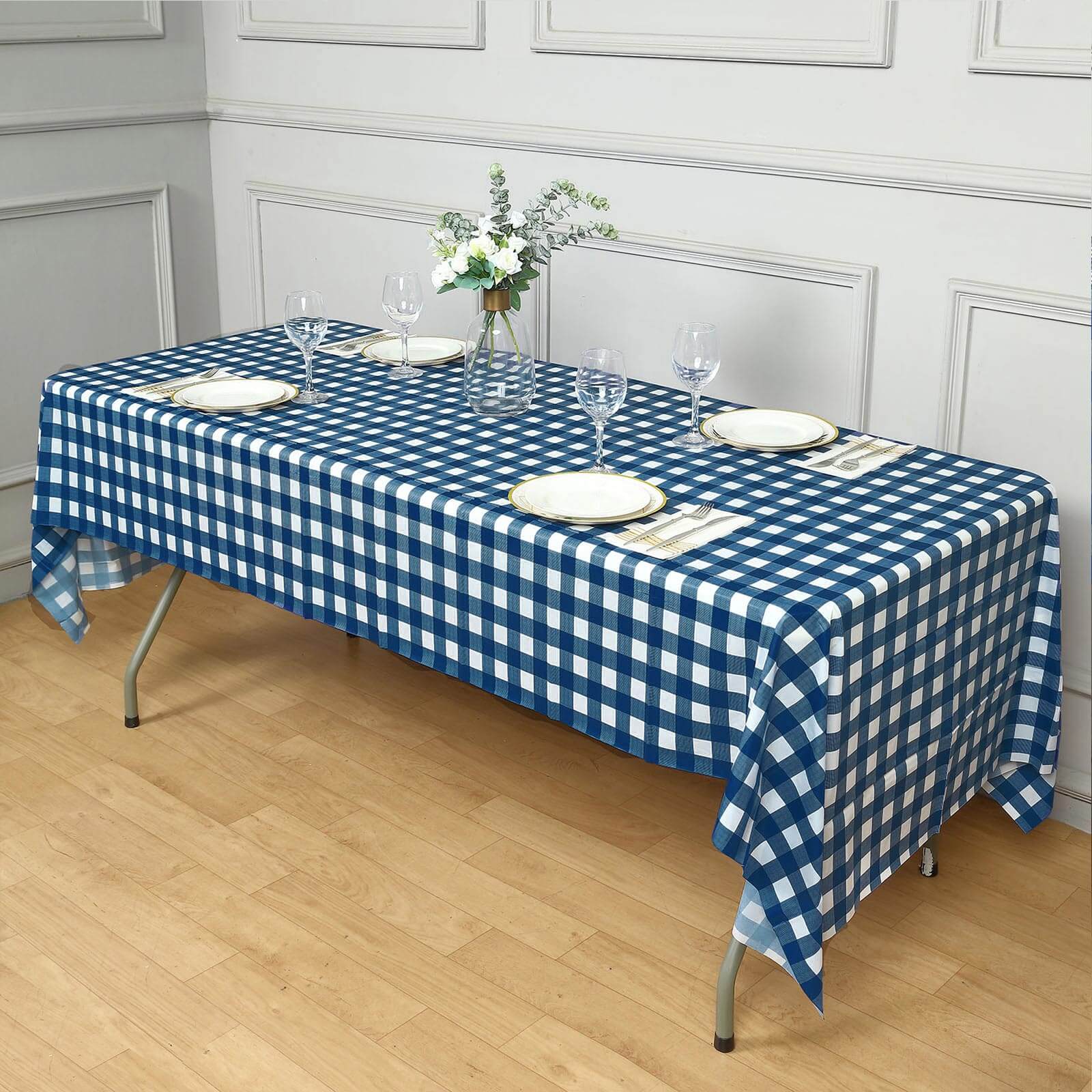 5-Pack Durable PVC Disposable Navy Blue Checkered Rectangle Plastic Table Covers for Events, 54x108