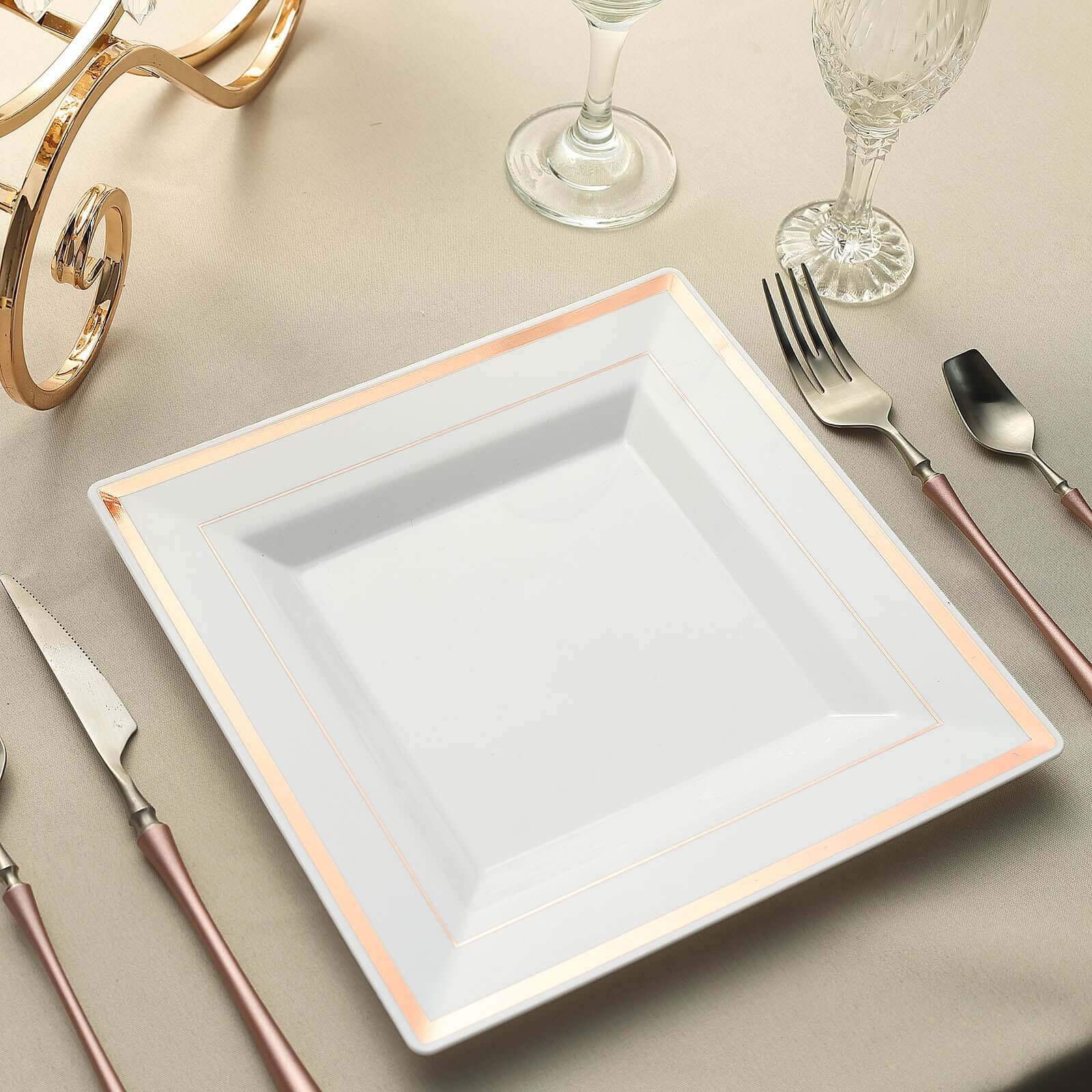 Hot Deal! 10-Pack White Square Plastic Dinner Plates with Rose Gold Trim for Events