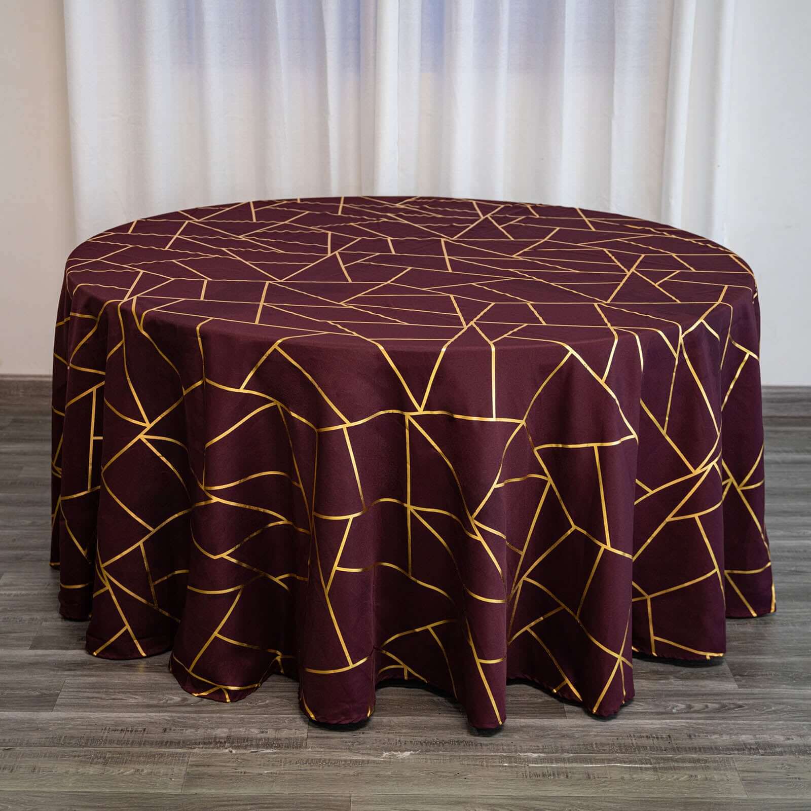 Exclusive 120-Inch Burgundy Polyester Seamless Round Tablecloth with Gold Foil Geometric Design for 5-Foot Tables