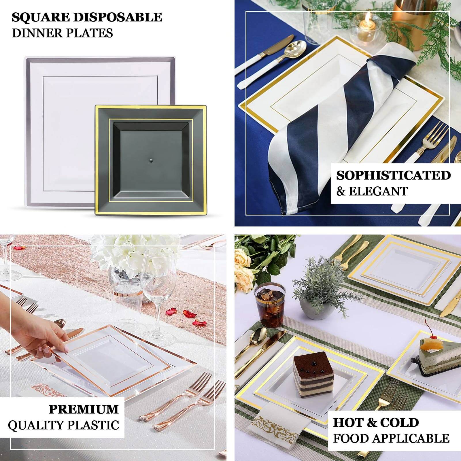 Hot Deal! 10-Pack White Square Plastic Dinner Plates with Rose Gold Trim for Events