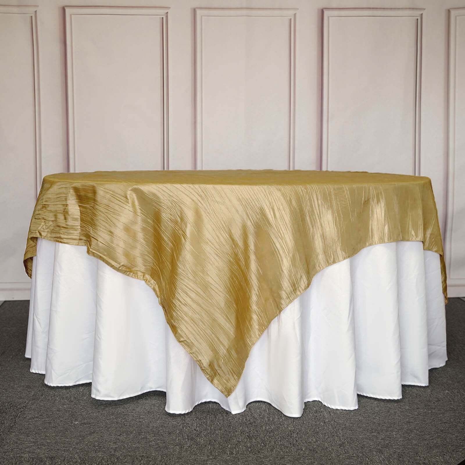 Gold 90x90 Square Taffeta Table Overlay with Accordion Crinkle for Modern Celebrations