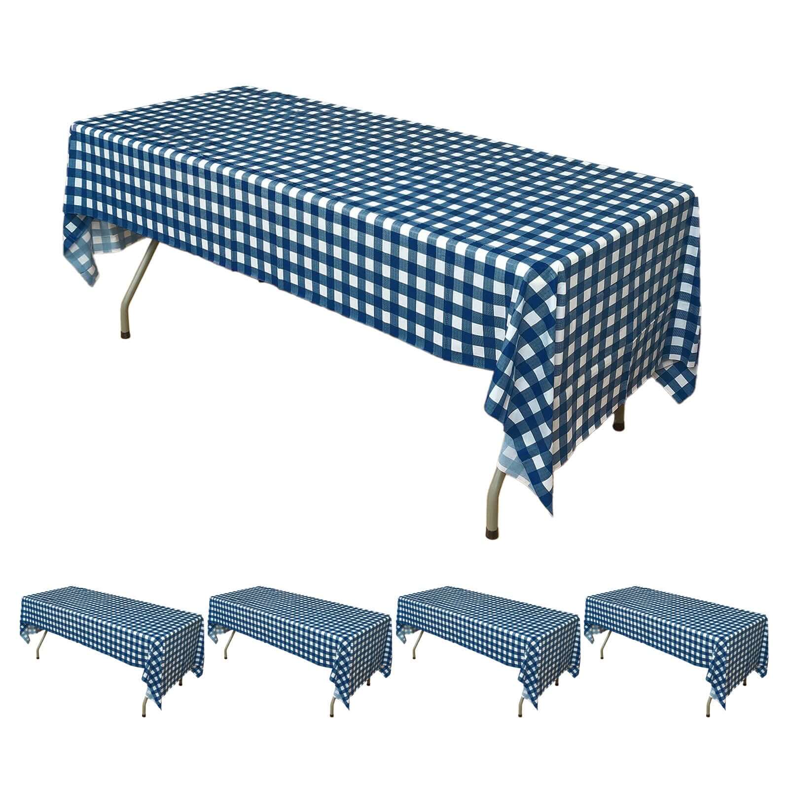5-Pack Durable PVC Disposable Navy Blue Checkered Rectangle Plastic Table Covers for Events, 54x108