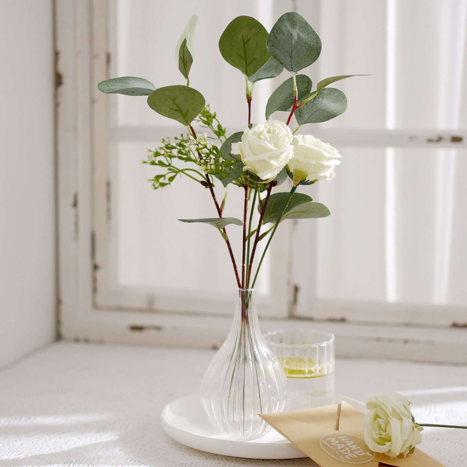 15-Piece Ivory Artificial Silk Rose and Eucalyptus Bouquet for Decor
