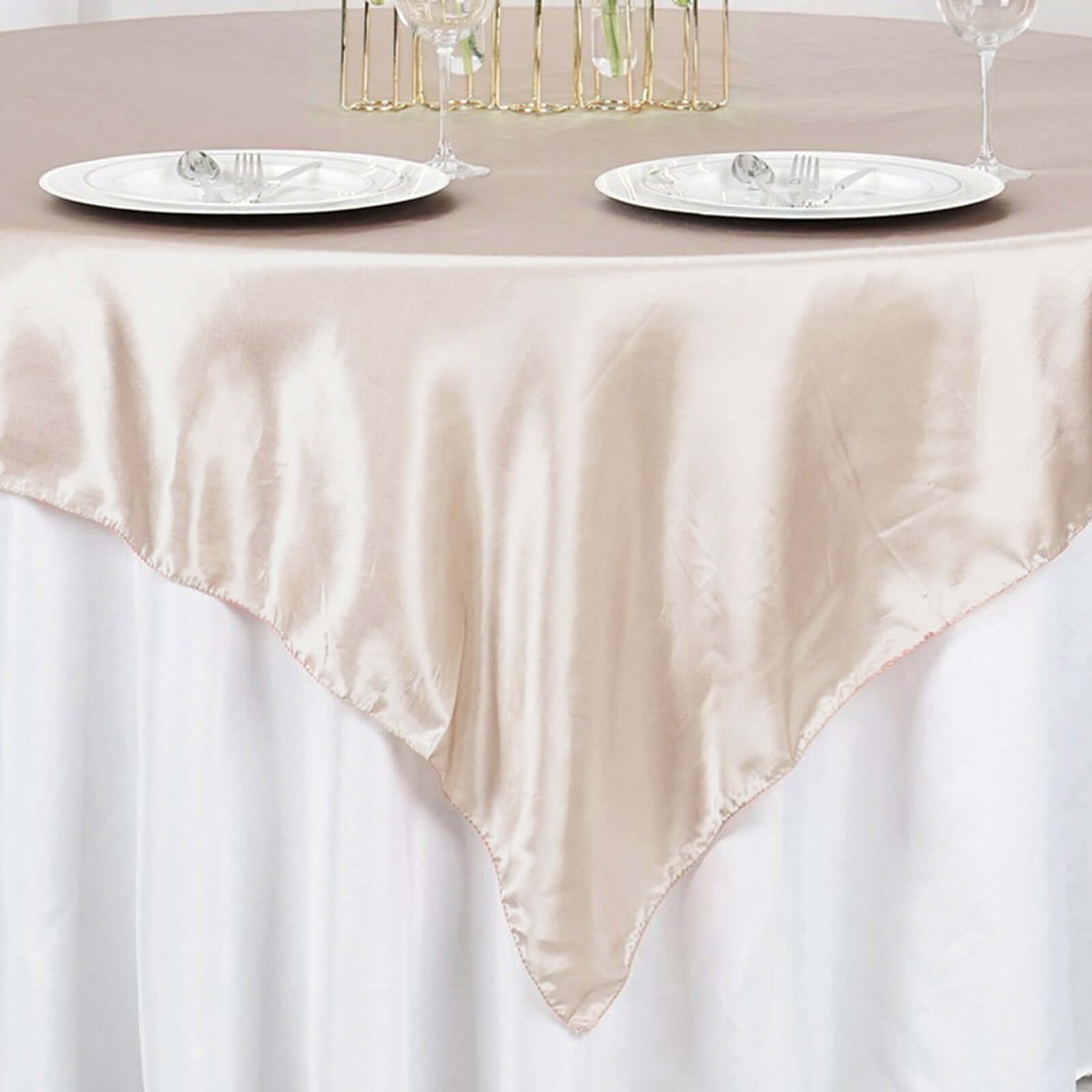 Beige Satin Square Table Overlay - 72x72, Smooth Finish for Weddings and Parties