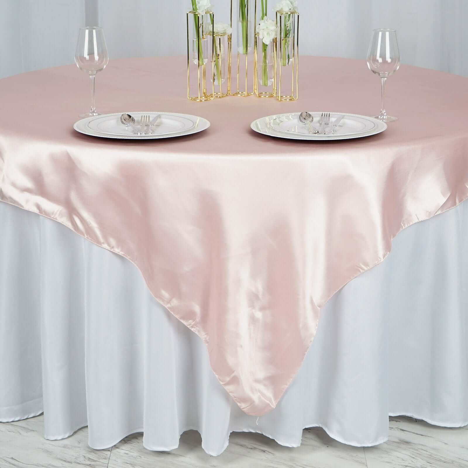 Hot Sale! 72x72 Blush Satin Square Table Overlay with Smooth Finish for Table Decor