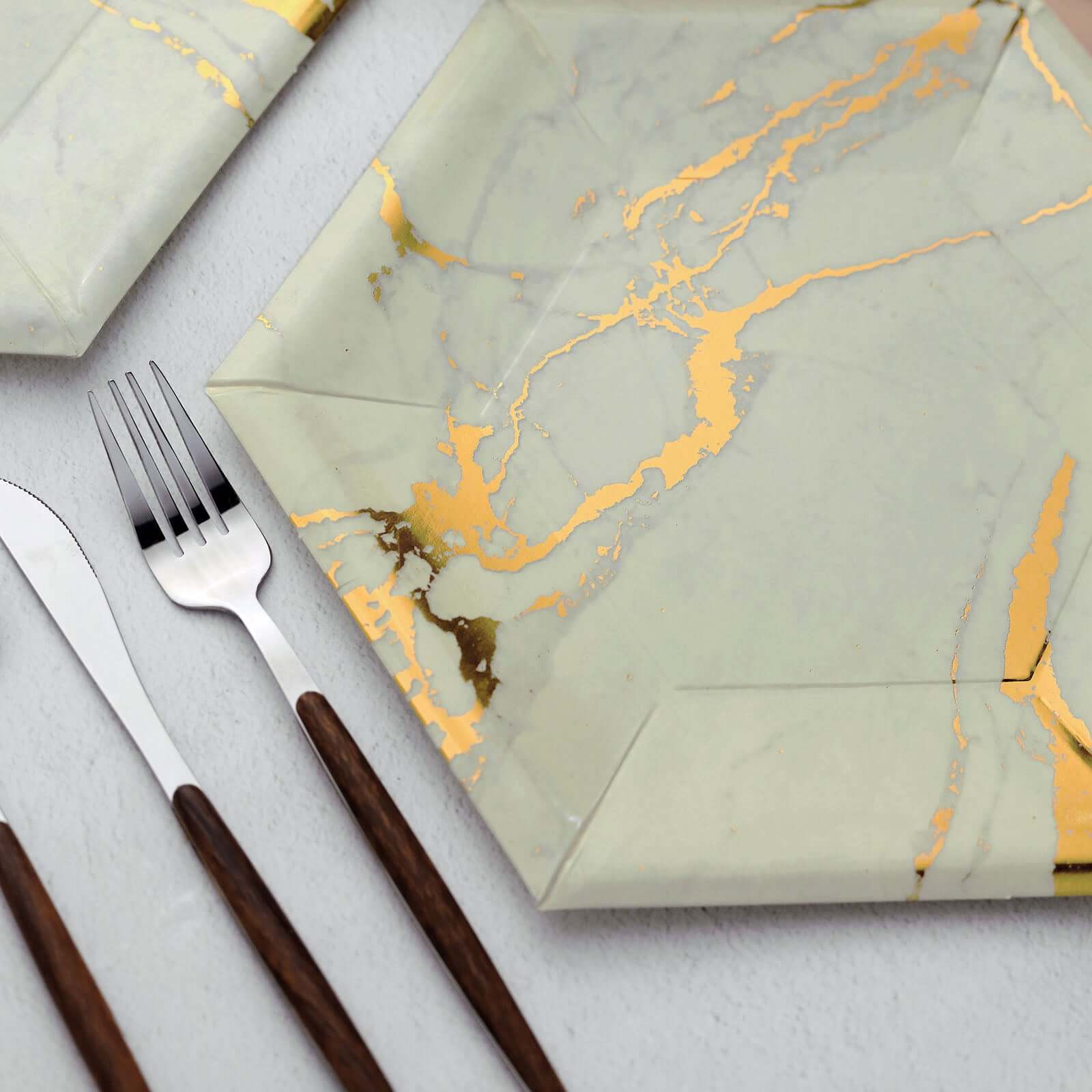 25-Pack Ivory Marble Disposable Dinner Paper Plates, 12-Inch Hexagon with Gold Foil Design - Great Value!