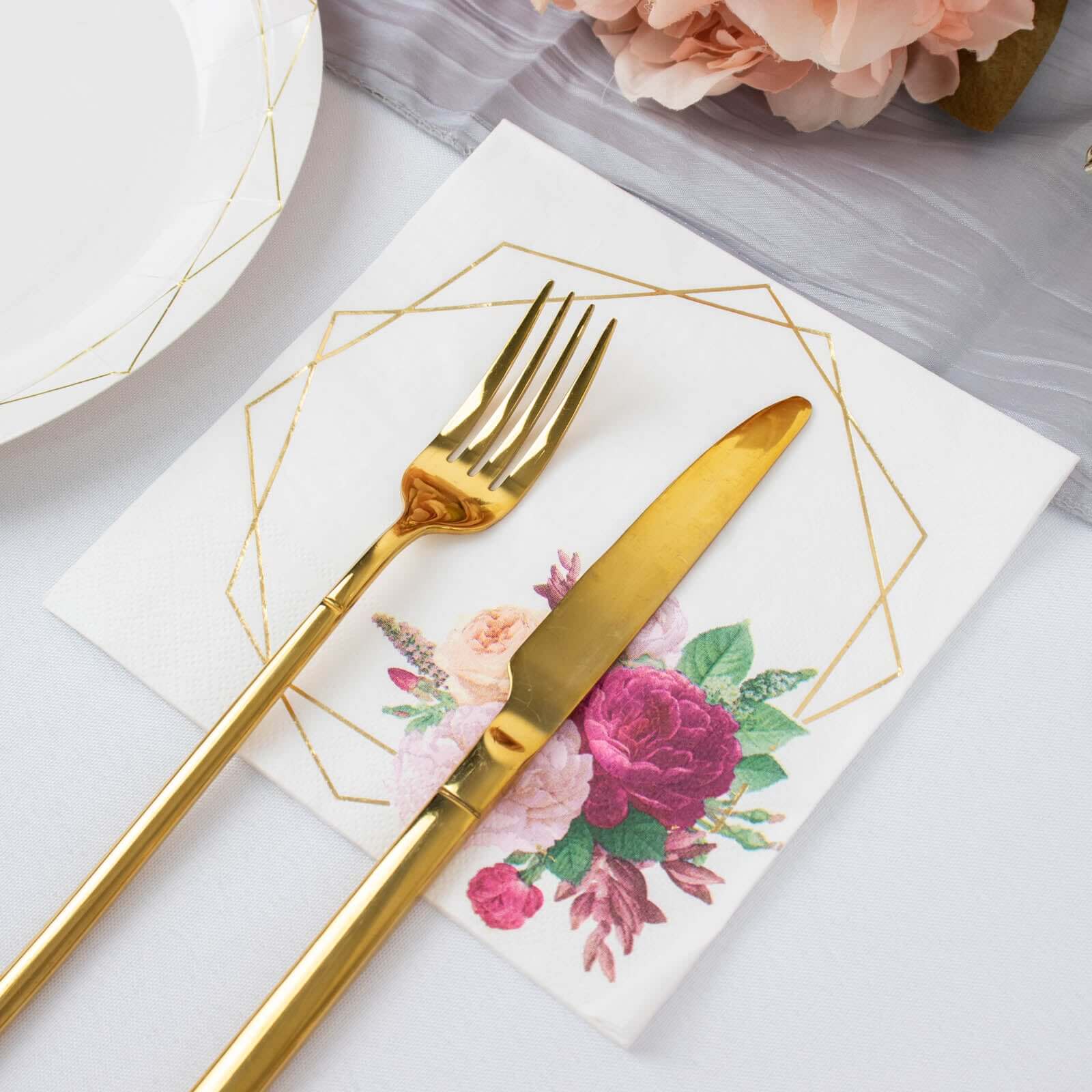 20-Pack White Paper Napkins with Gold Hexagon Frame & Floral Print - Ideal for Parties