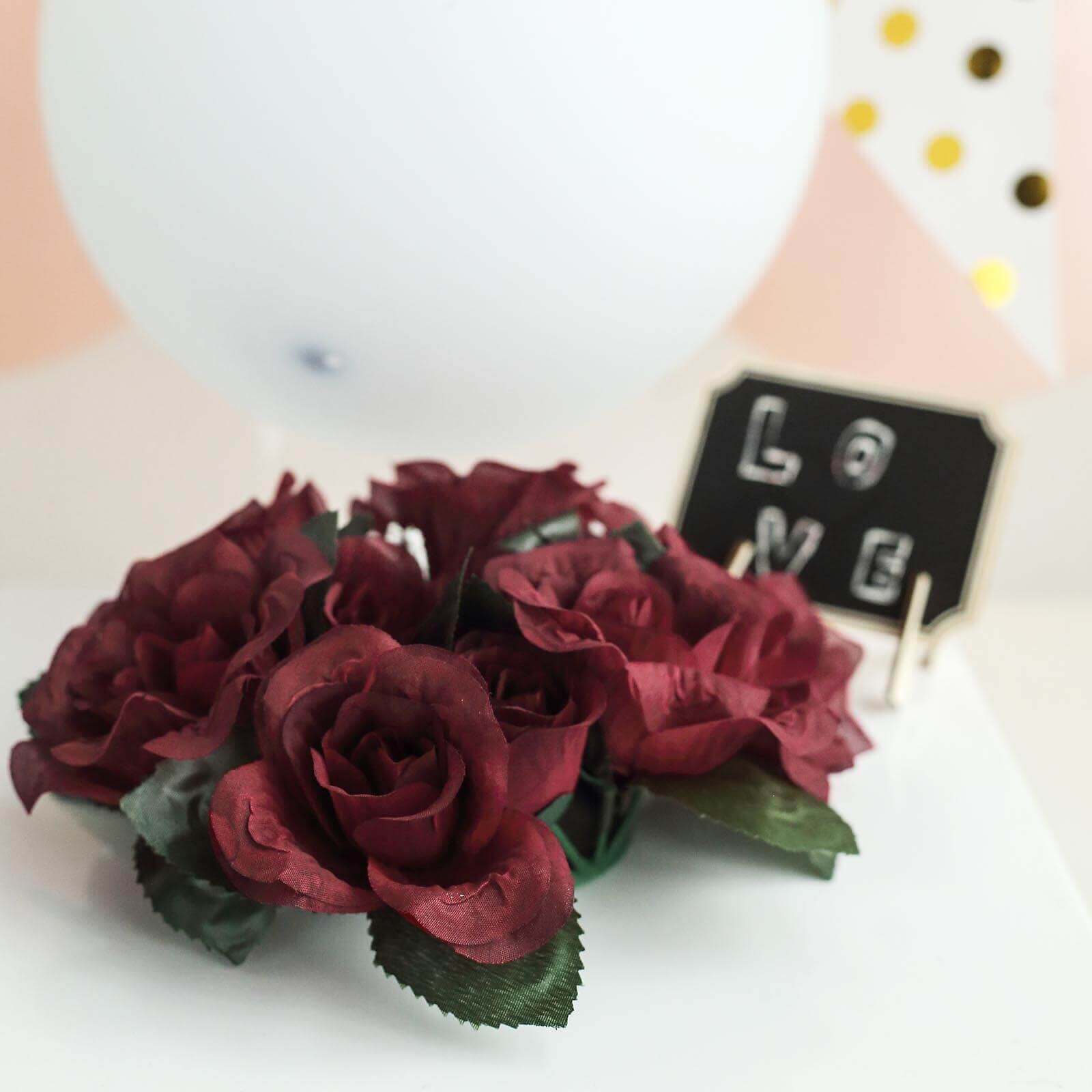 4-Pack Burgundy Artificial Silk Rose Flower Candle Rings - Ideal Decor!