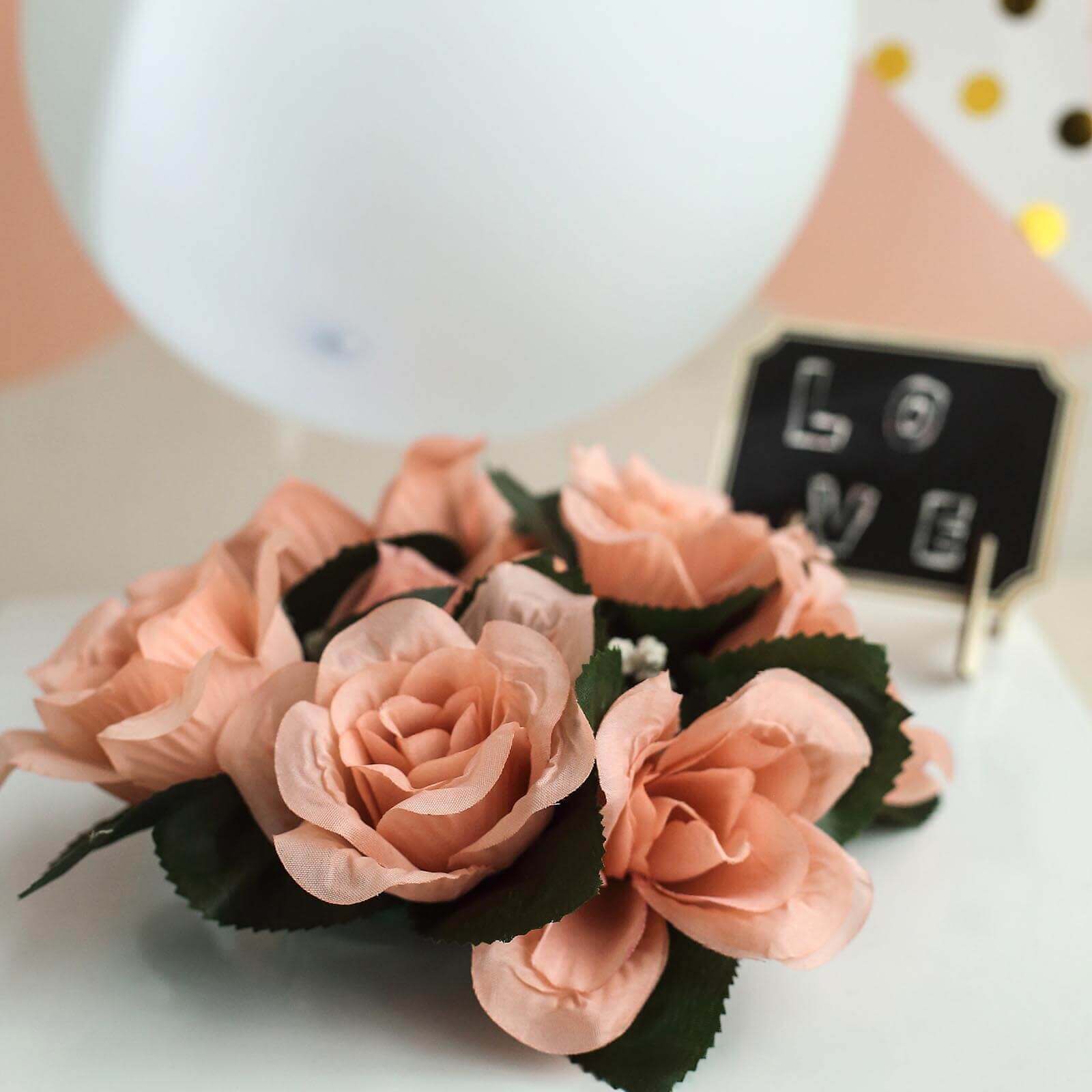 4-Pack Dusty Rose Artificial Silk Rose Flower Candle Rings - Perfect Decor!