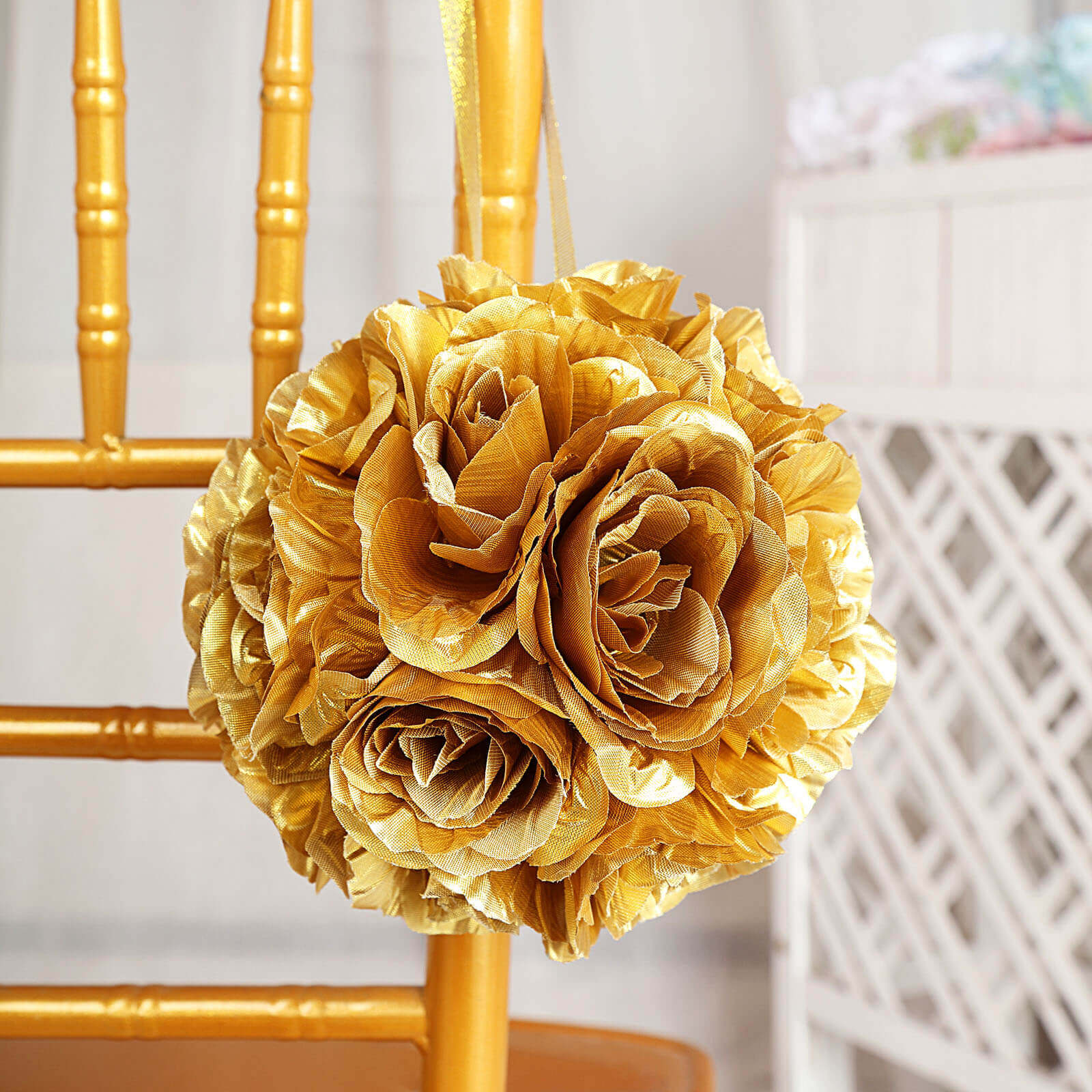 2-Piece Set of 7-Inch Gold Faux Silk Rose Kissing Balls