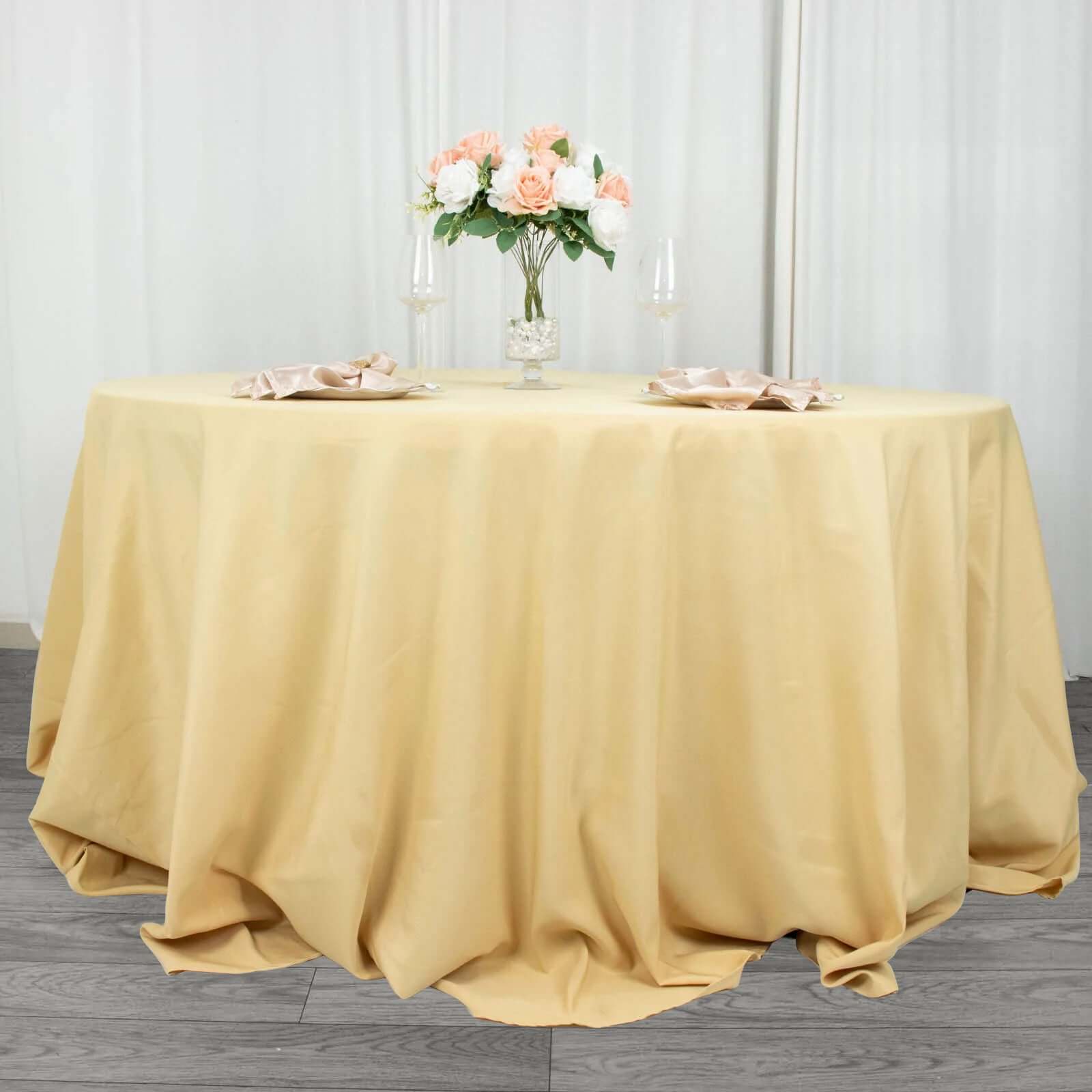 Champagne 132' Seamless Premium Polyester Round Tablecloth - 220GSM Wrinkle-Resistant