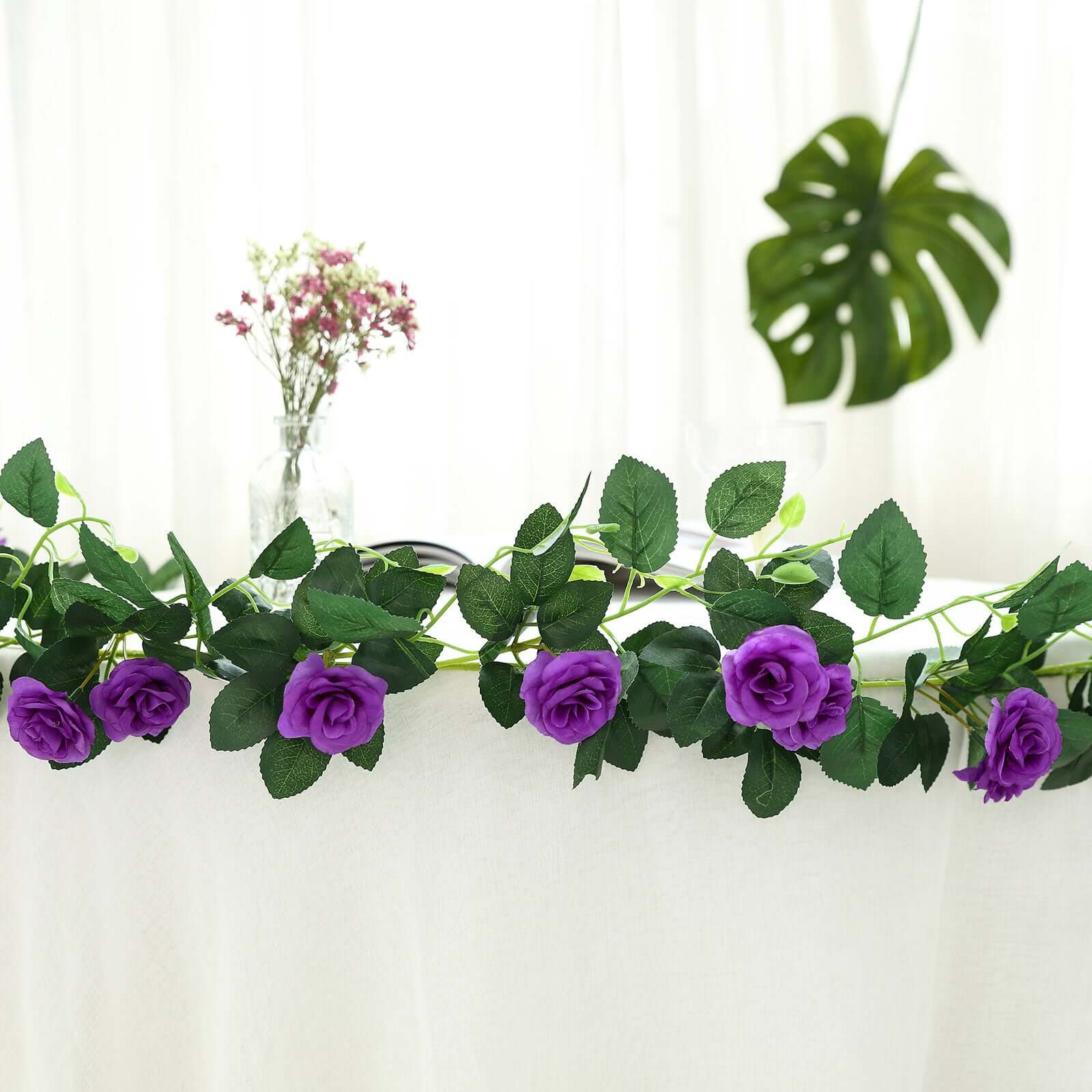 20-Piece Purple Silk Artificial Rose Garland, 6ft, Ideal for Decor