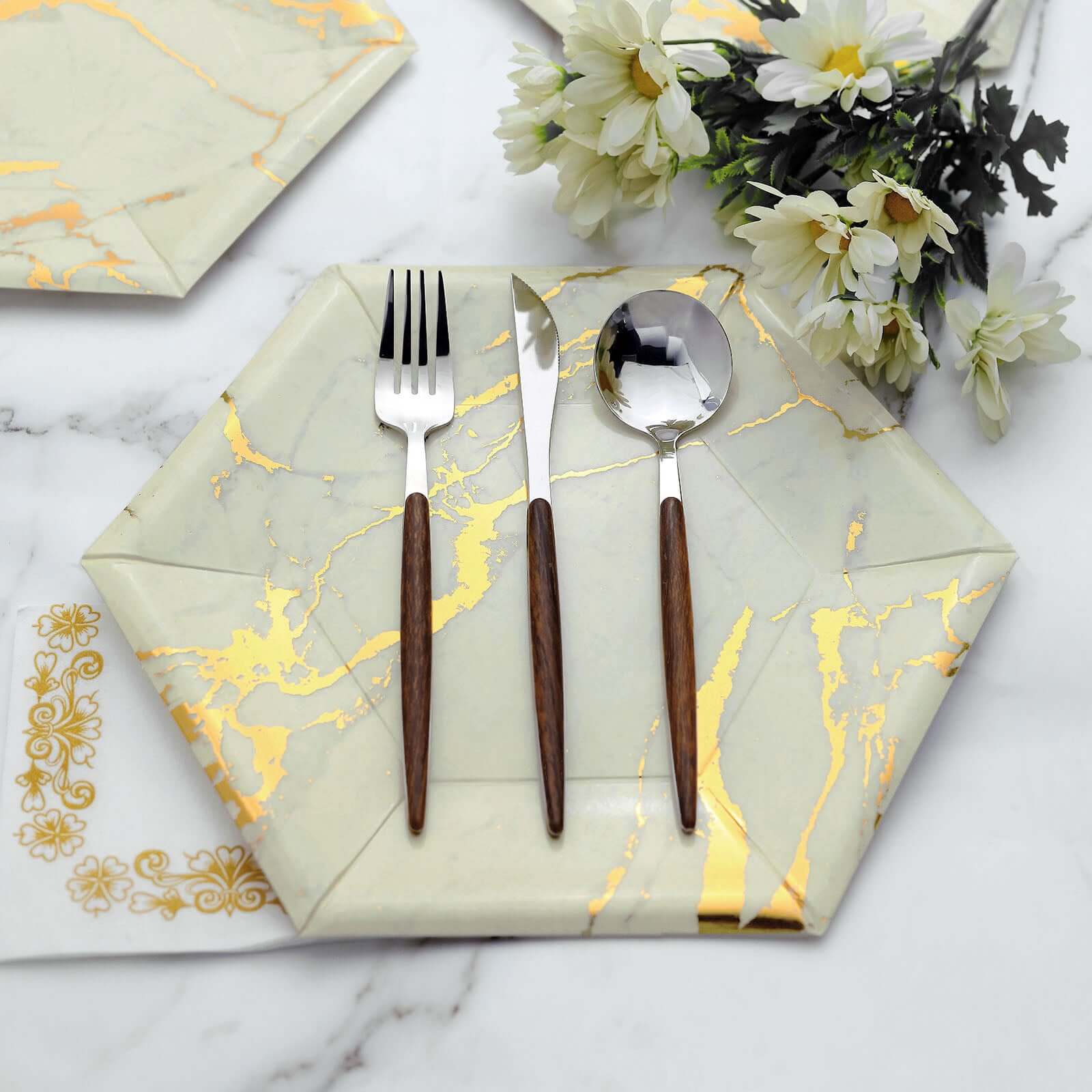 25-Pack Ivory Marble Disposable Dinner Paper Plates, 12-Inch Hexagon with Gold Foil Design - Great Value!