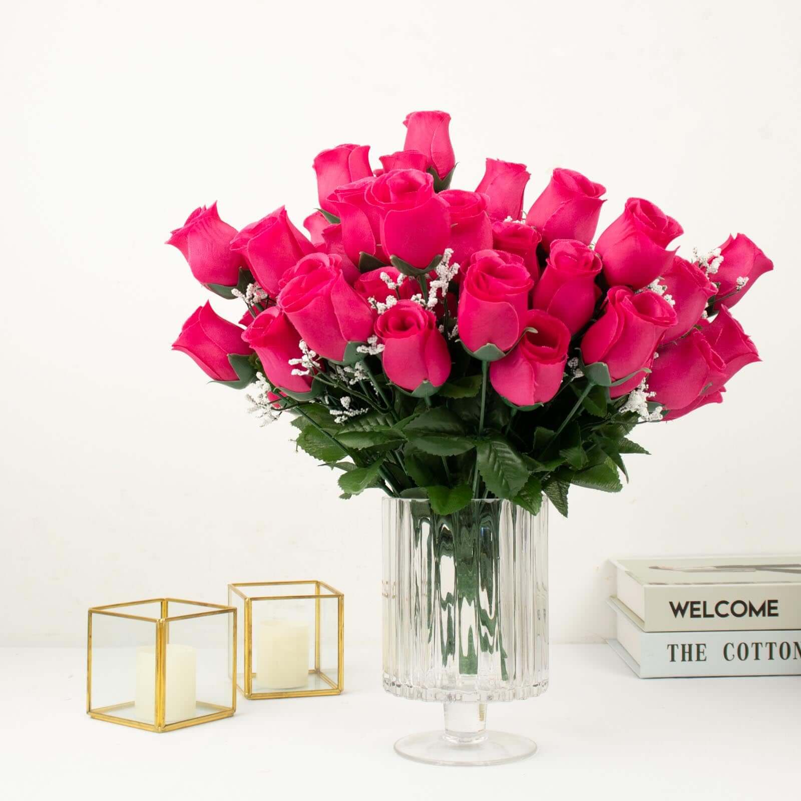 Premium Artificial Silk Fuchsia Rose Bud Bouquets - Set of 12 Bushes for Decor