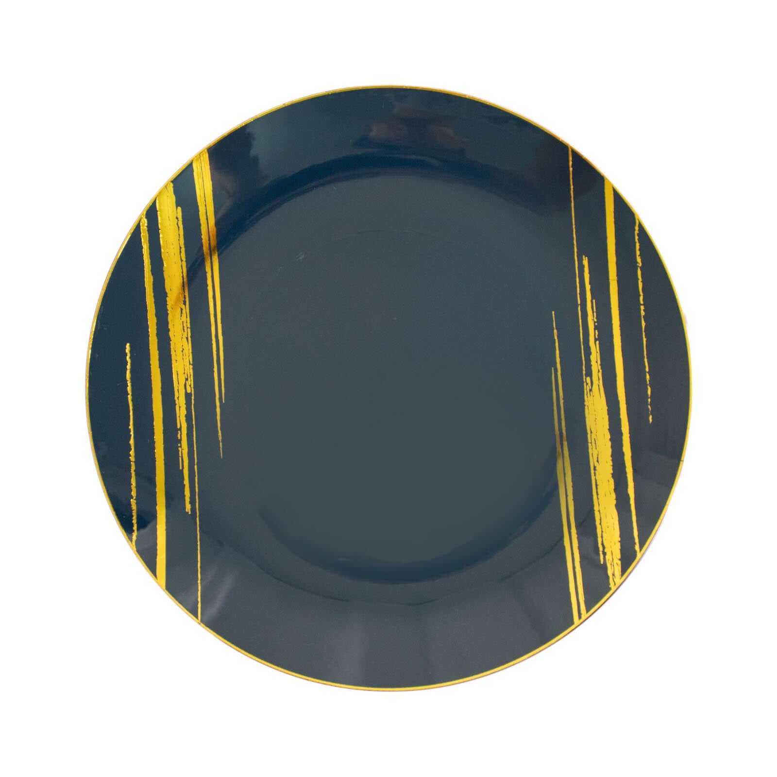 10-Piece Set of Navy Blue Plastic Round Dessert Plates with Gold Brush Print - Disposable Appetizer Salad Plates