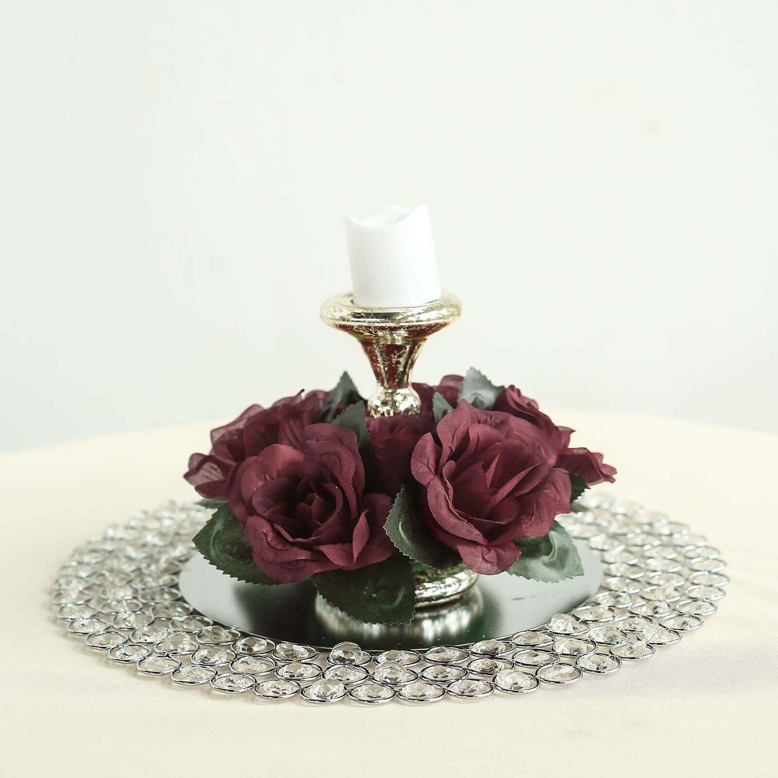 4-Pack Burgundy Artificial Silk Rose Flower Candle Rings - Ideal Decor!