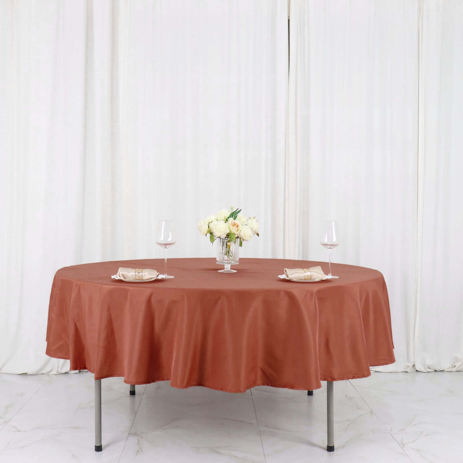 Hot! 90' Round Terracotta Polyester Tablecloth - Stain & Wrinkle Free