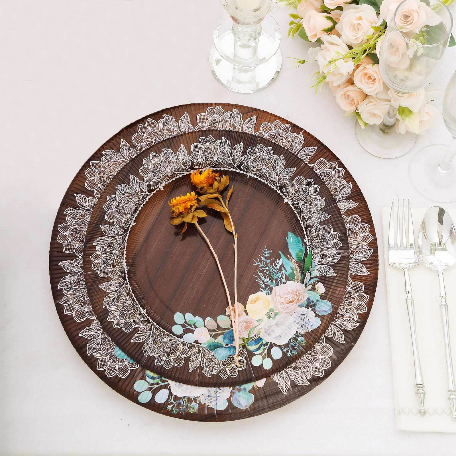 25-Piece Disposable 8-Inch Round Brown Wood Print Dessert Plates with Floral Lace Rim for Rustic Events