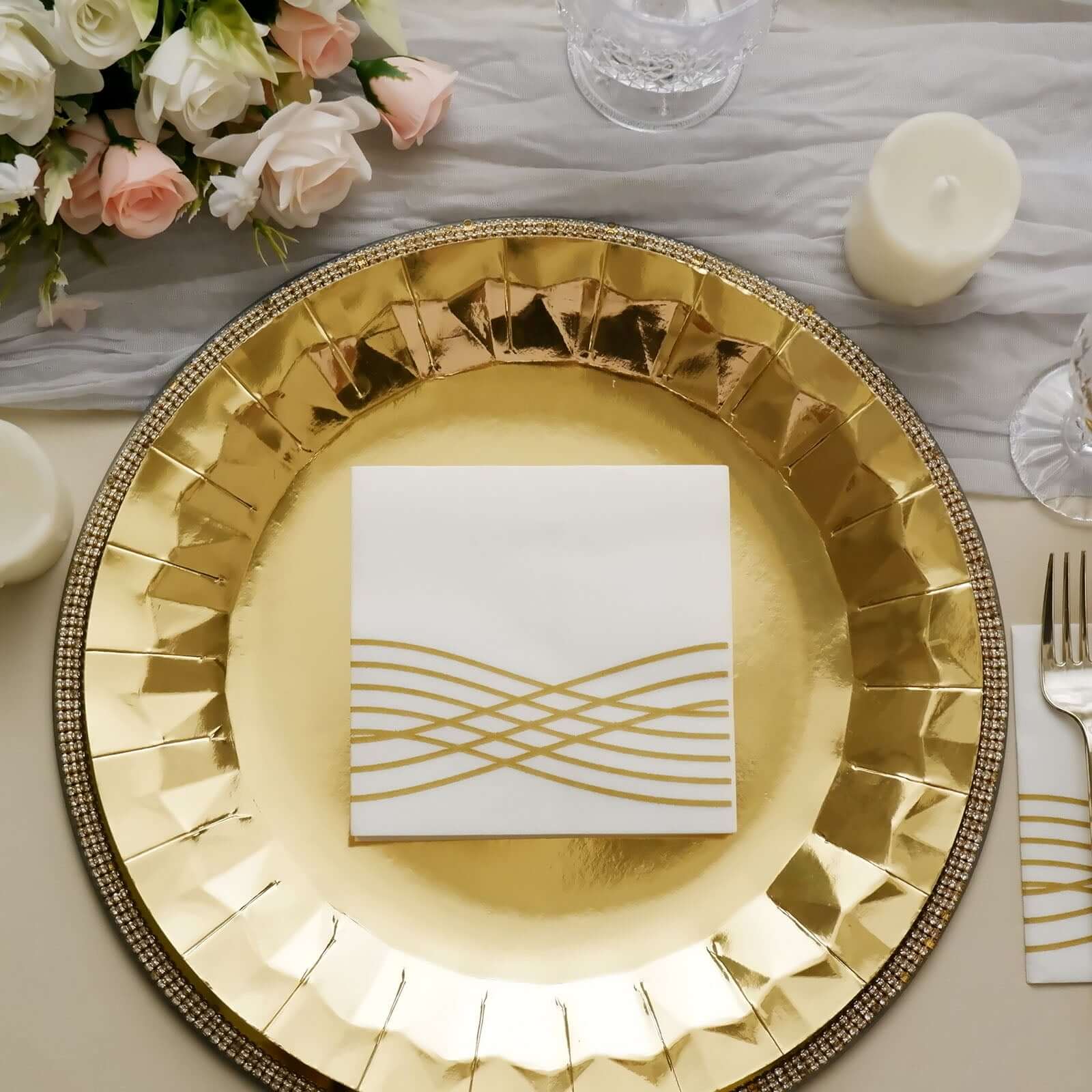 20-Piece Set of White Airlaid Cocktail Napkins with Gold Foil Wave Design