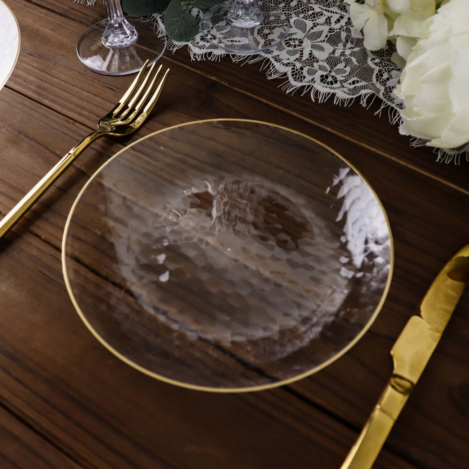 Hot Deal! 10-Pack Clear Plastic Round Dessert Plates with Hammered Gold Rim - Disposable & Modern