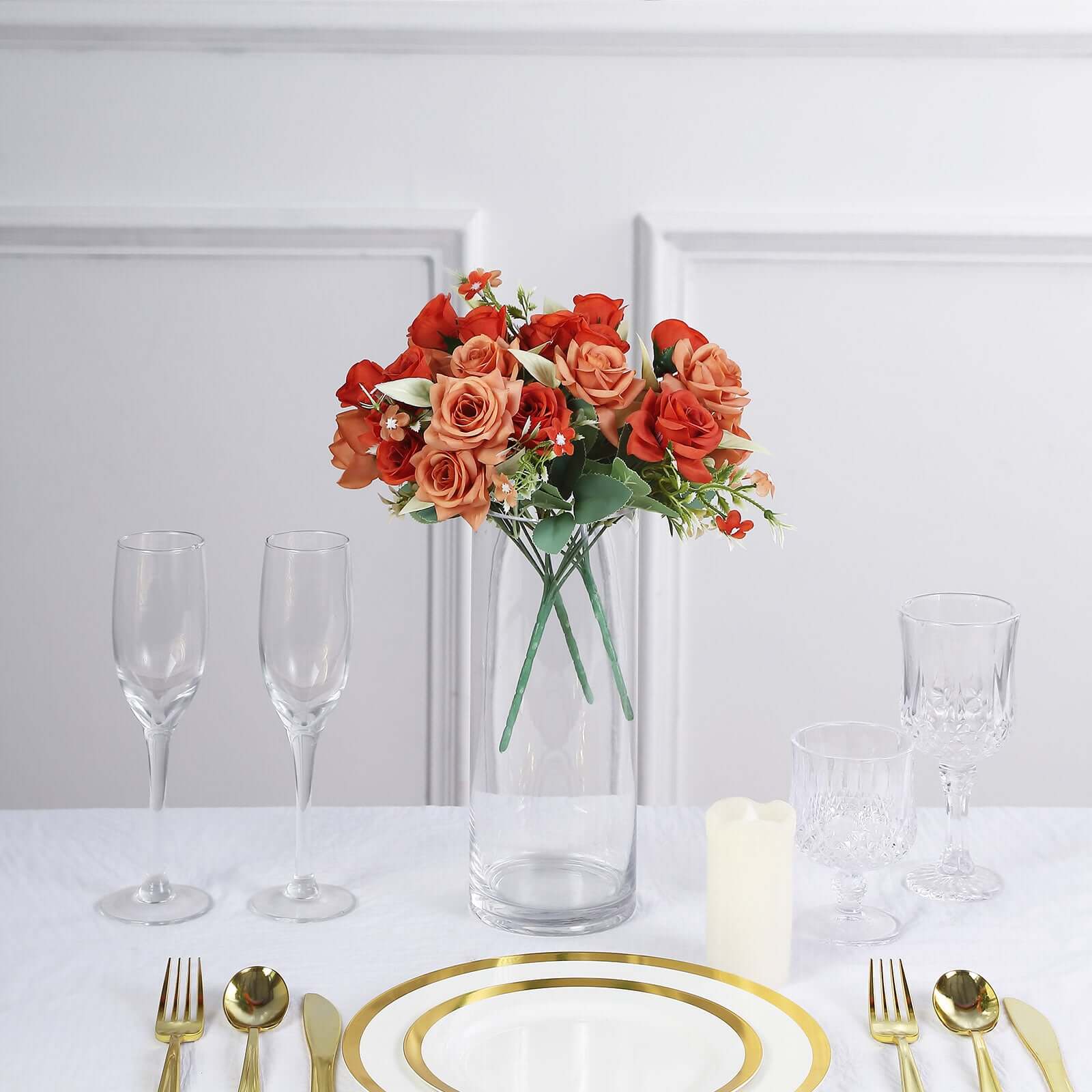 12-Inch Terracotta (Rust) Artificial Silk Rose Flower Bouquet with 4 Bushes for Decor