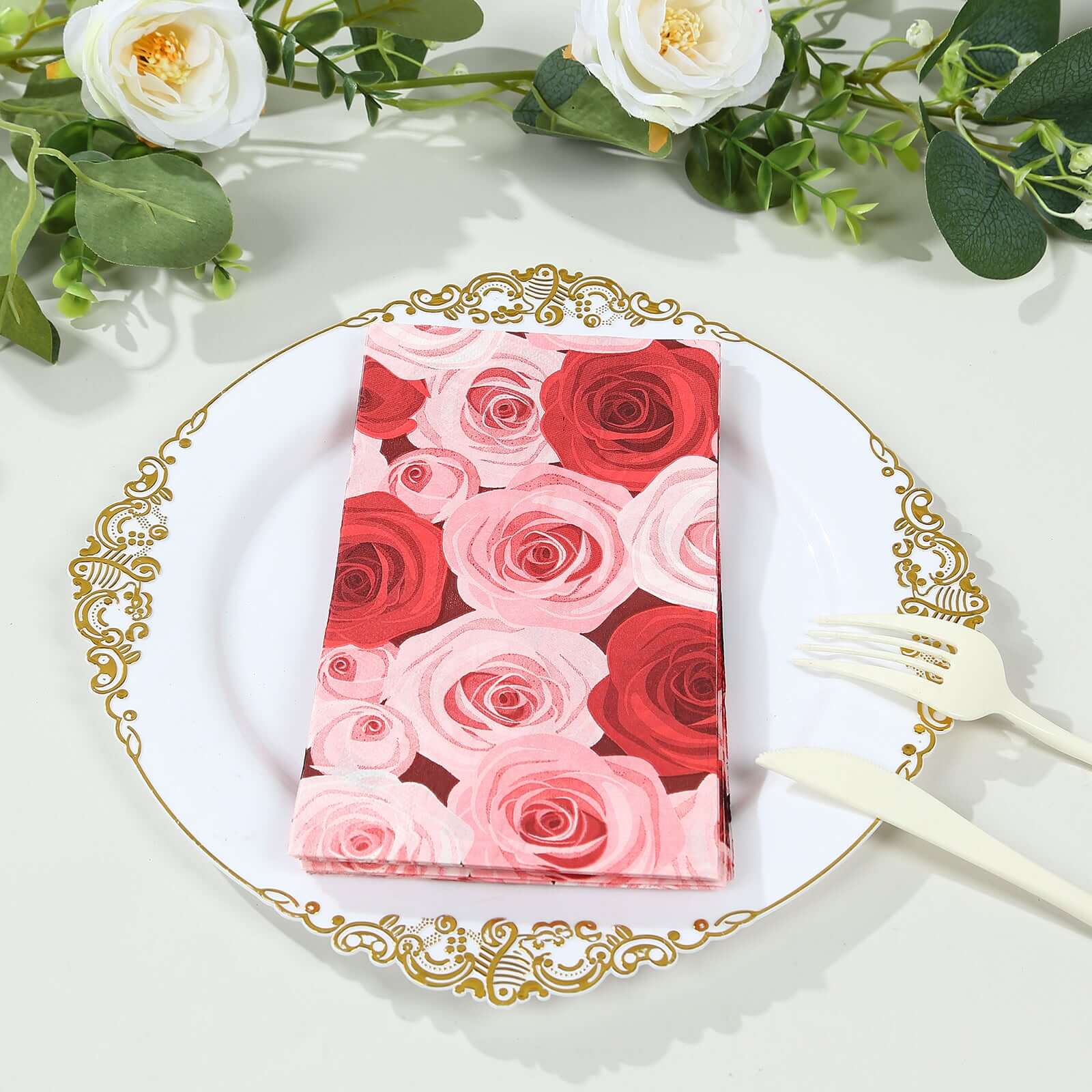 50-Pack 2-Ply Red/Pink Rose Floral Printed Paper Dinner Napkins - Stylish for Events