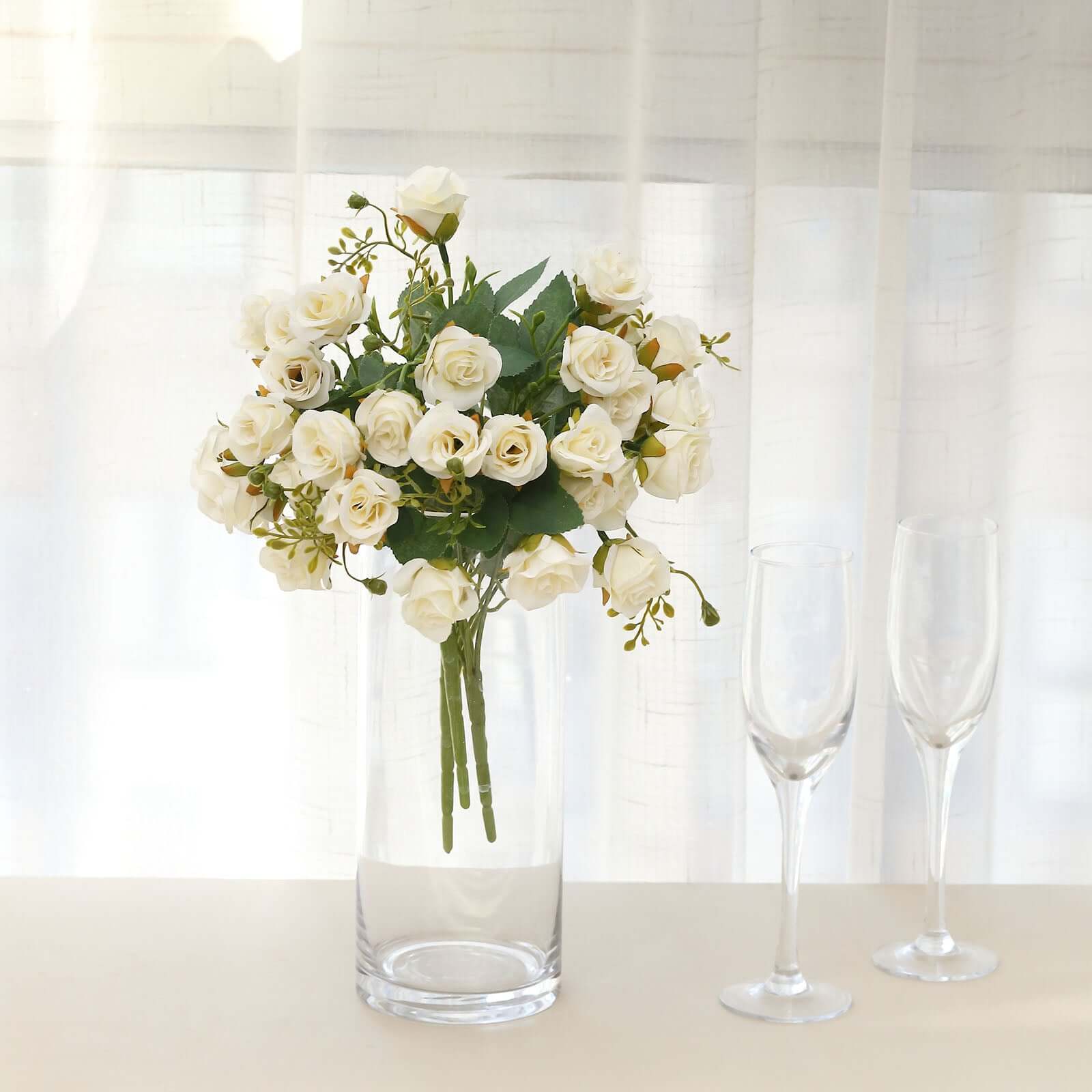2 Pack of 12-Inch Ivory Artificial Open Rose Flower Arrangements, Small Faux Floral Bouquets