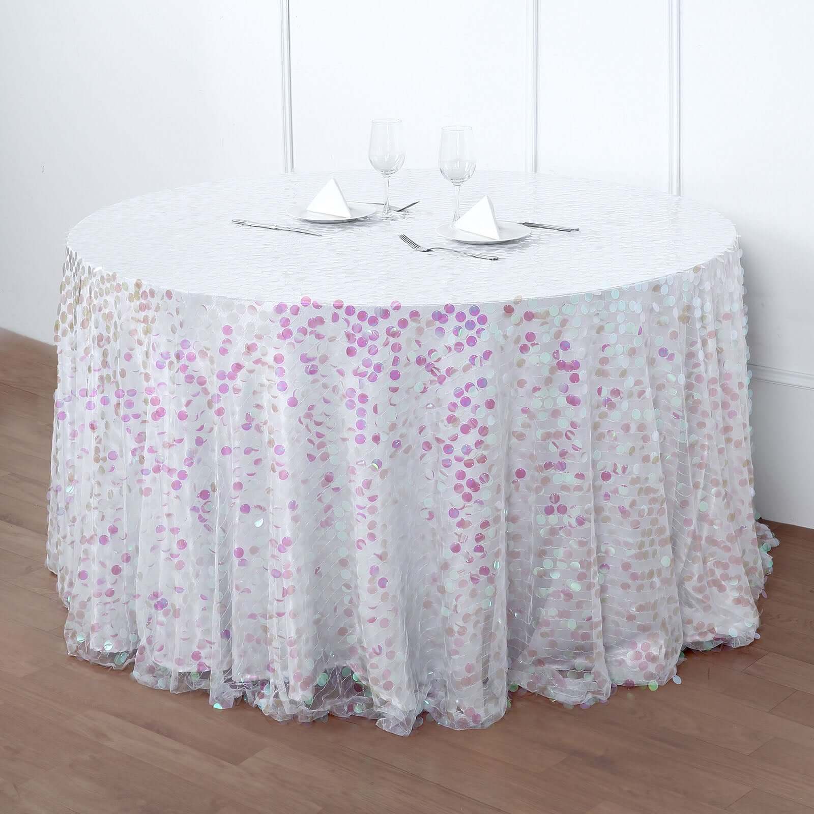 120-Inch Iridescent Seamless Big Payette Sequin Round Tablecloth for 5-Foot Tables